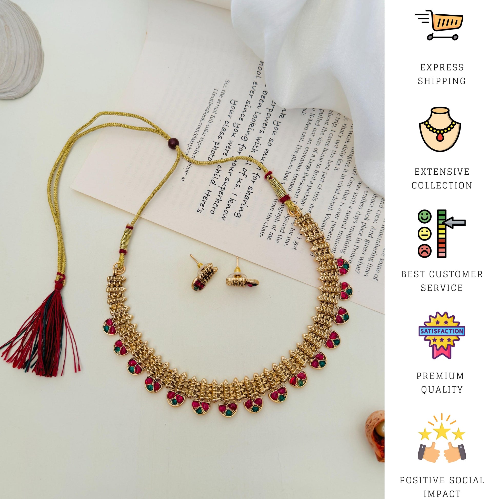Abdesigns Jewellery Traditional Gold Finish Necklace Set with intricate red and green enamel design