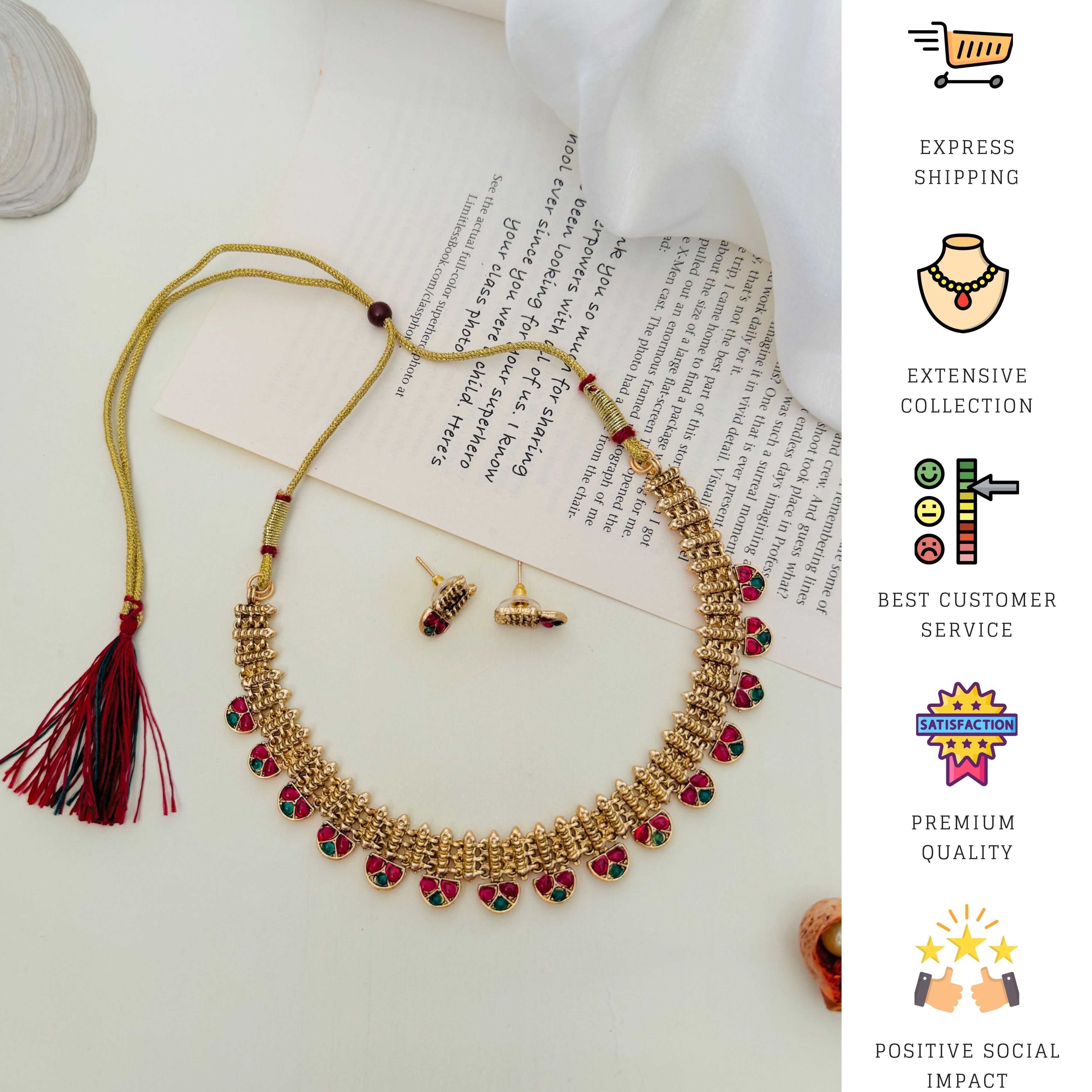 Abdesigns Jewellery Traditional Gold Finish Necklace Set with intricate red and green enamel design