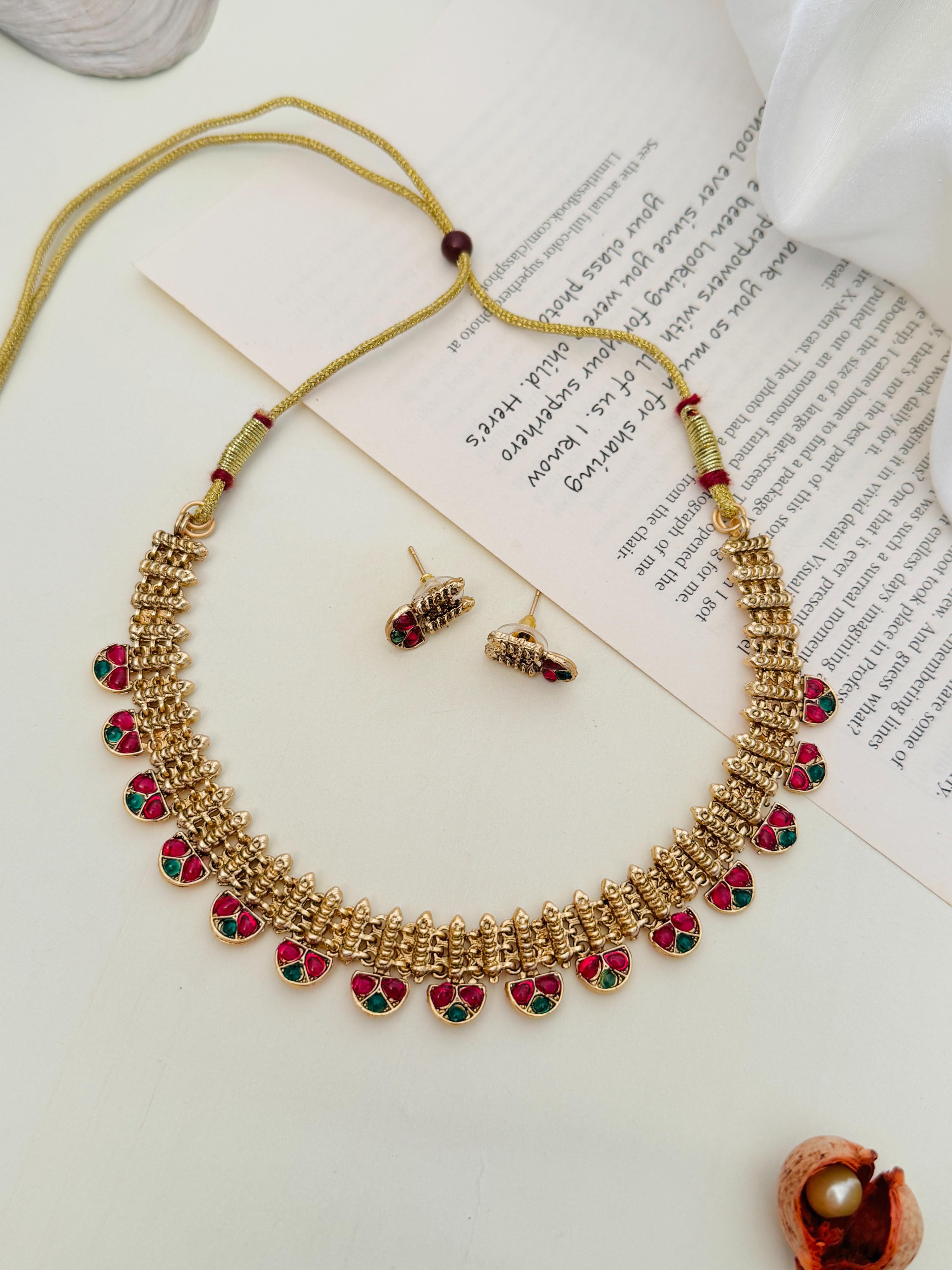 Abdesigns Jewellery Traditional Gold Finish Necklace Set with red and green enamel detailing and matching earrings