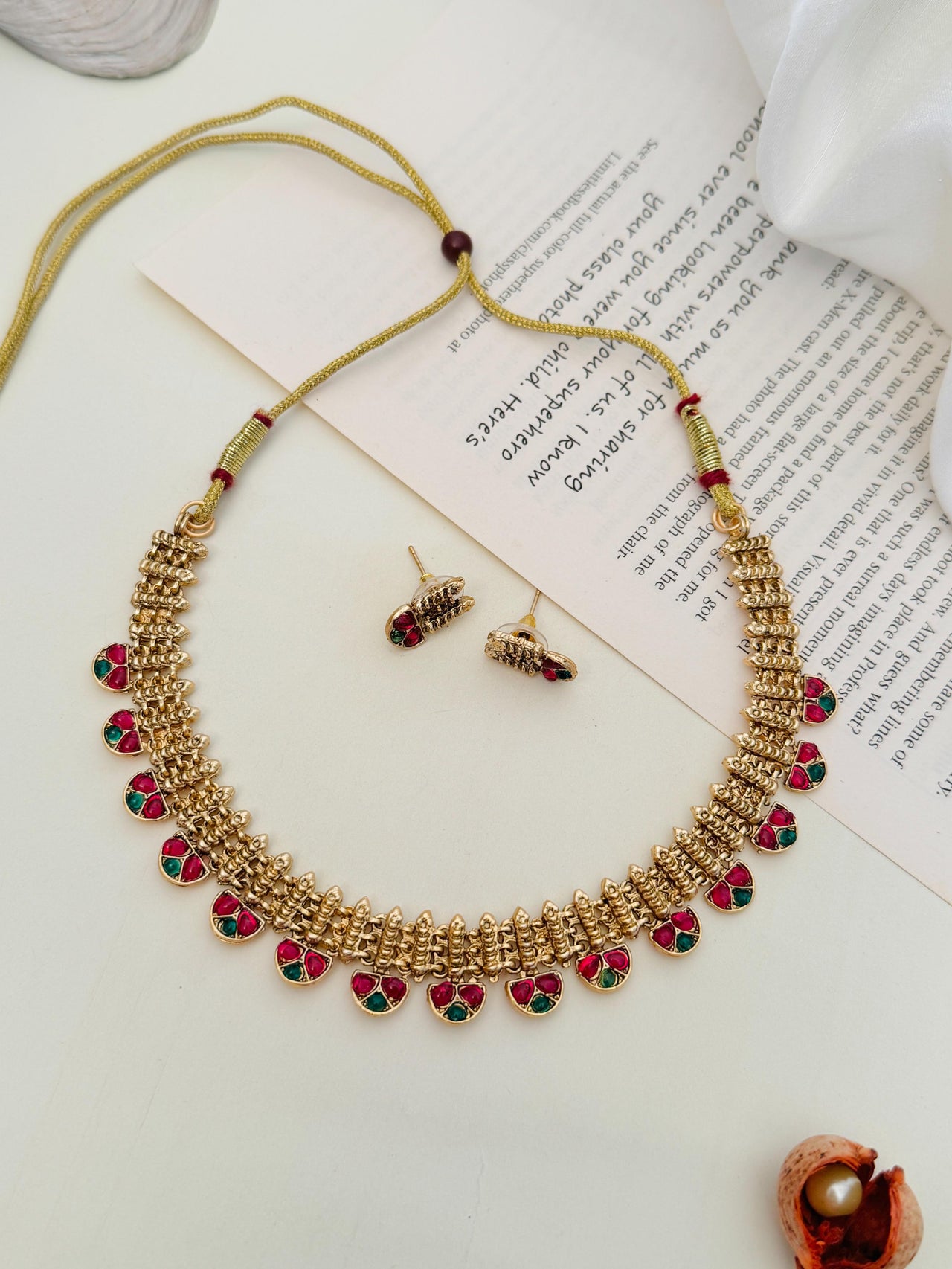 Abdesigns Jewellery Traditional Gold Finish Necklace Set with red and green enamel detailing and matching earrings