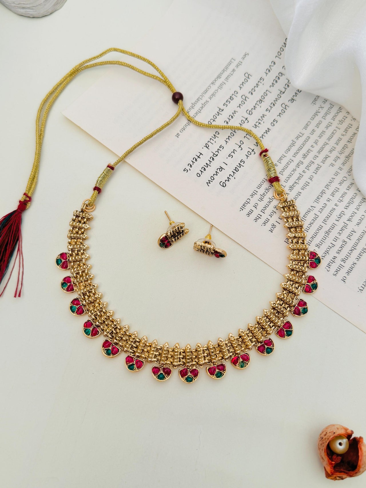 Abdesigns Jewellery Traditional Gold Finish Necklace Set with red and green stone details and matching earrings