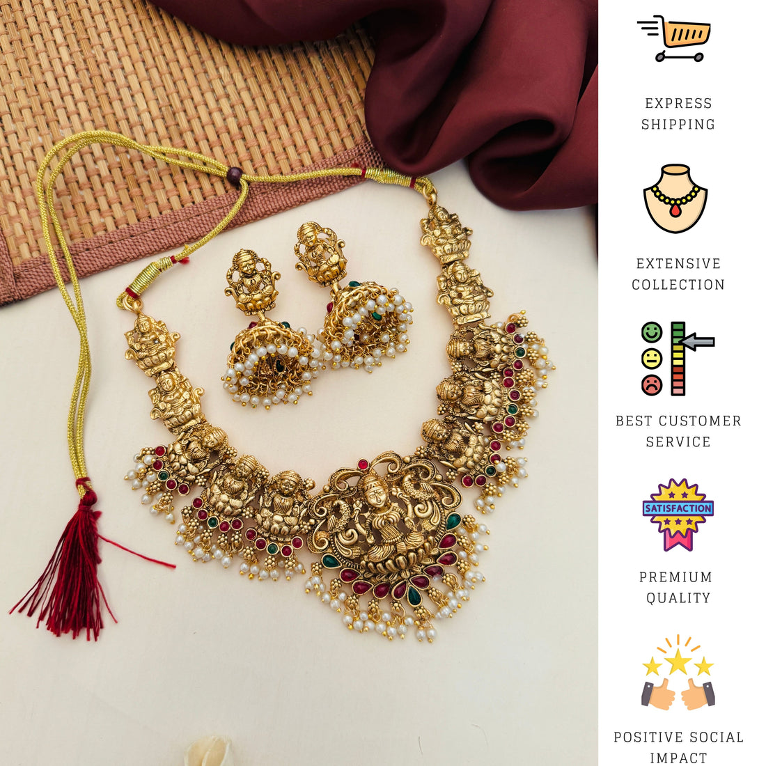 Abdesigns Jewellery Traditional Gold Necklace with Pearls worn by woman with matching gold earrings