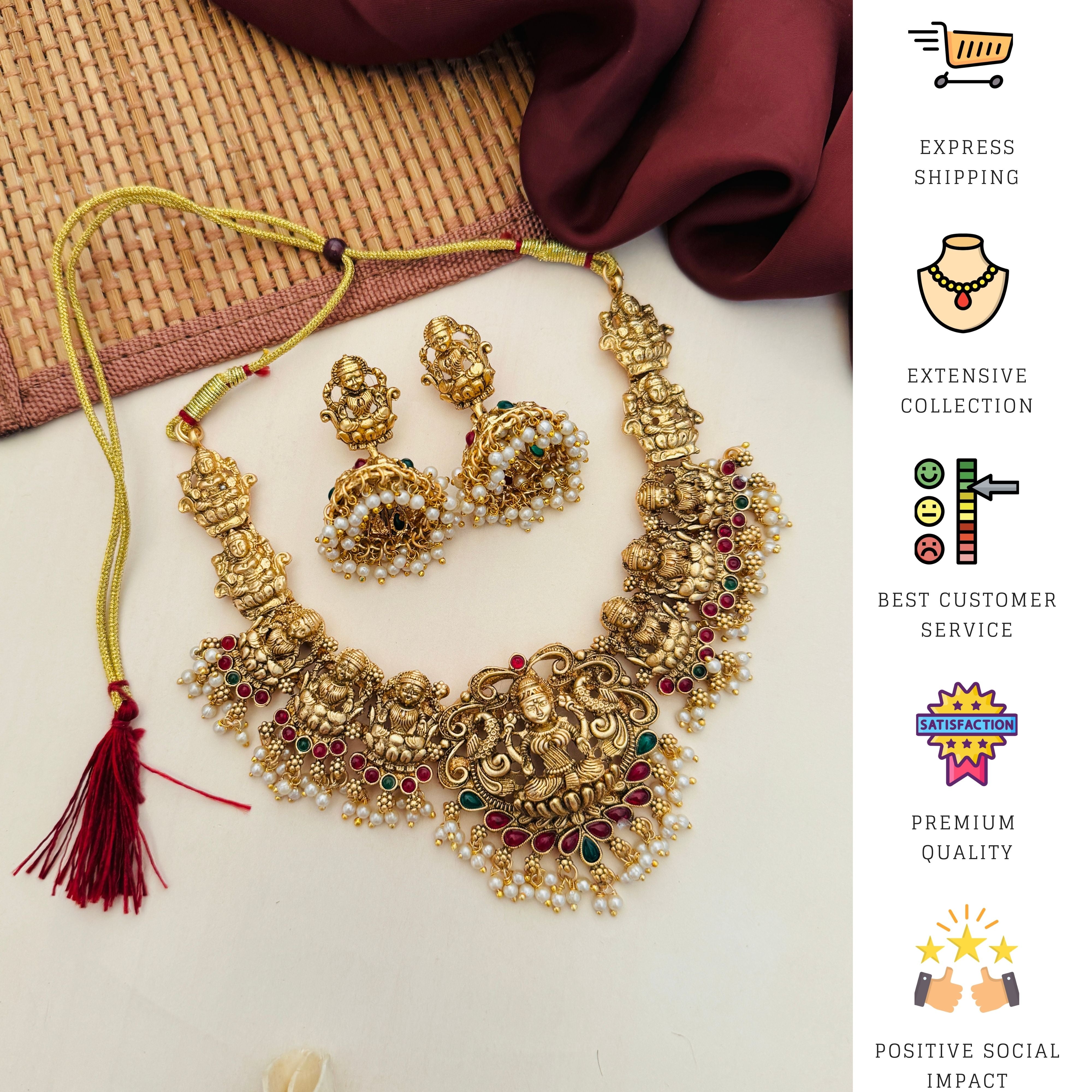 Abdesigns Jewellery Traditional Gold Necklace with Pearls and matching earrings on beige background