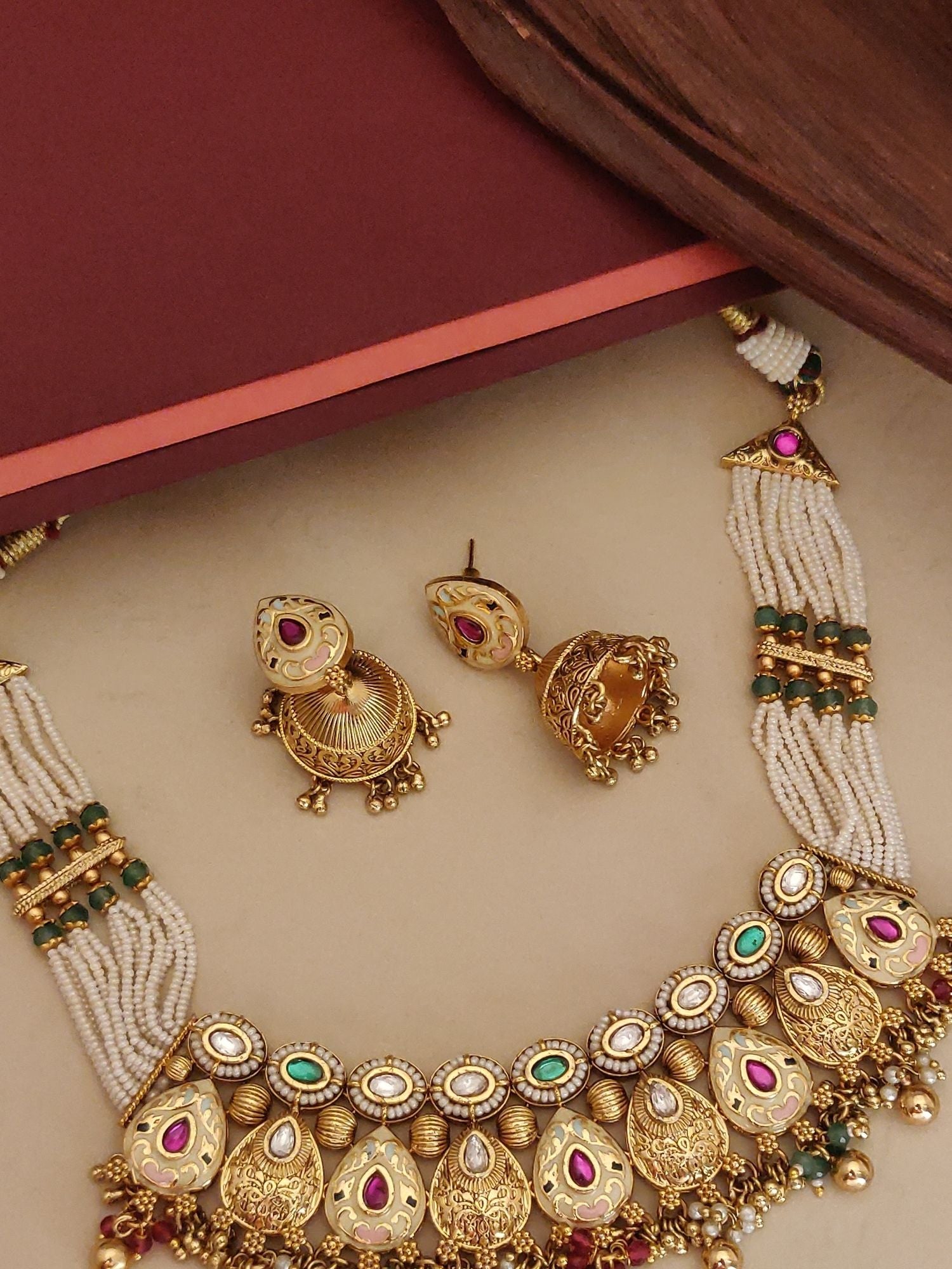 Abdesigns Jewellery Traditional Gold Pearl Necklace Set with intricate gold detailing and matching earrings
