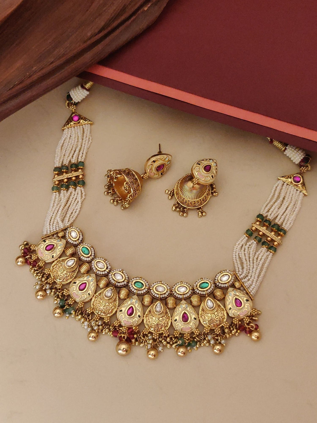 Abdesigns Jewellery Traditional Gold Pearl Necklace Set with intricate gold detailing 