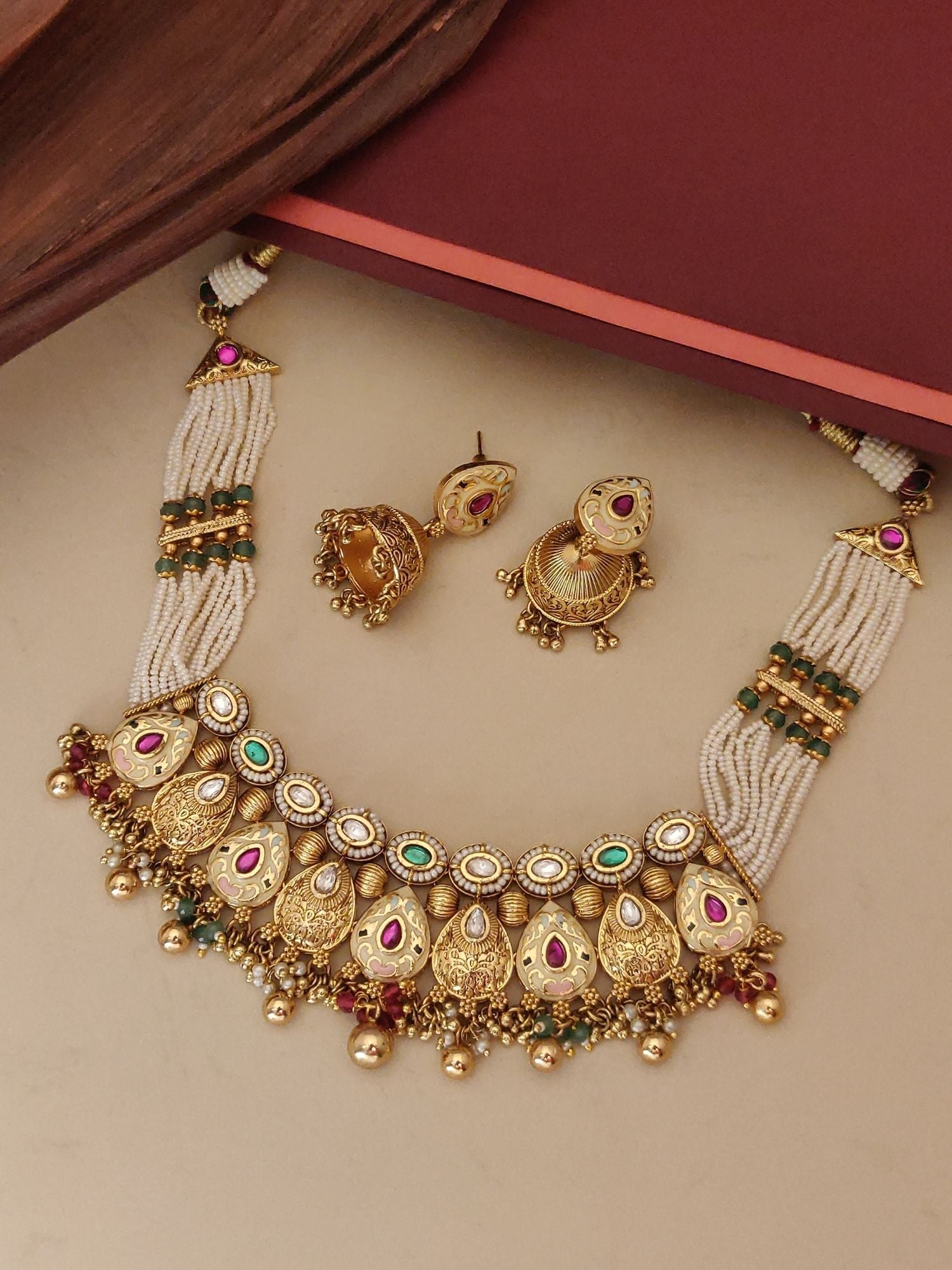 Abdesigns Jewellery Traditional Gold Pearl Necklace Set with intricate gold detailing 