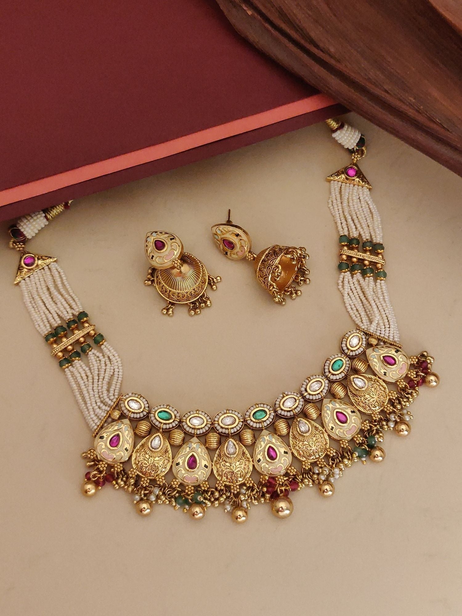 Abdesigns Jewellery Traditional Gold Pearl Necklace Set with intricate gold and pearl detailing and matching earrings
