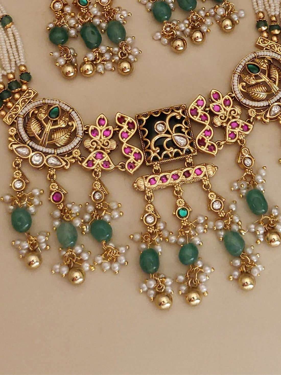 Abdesigns Jewellery Traditional Necklace Set with Earrings featuring green beads and gold detailing