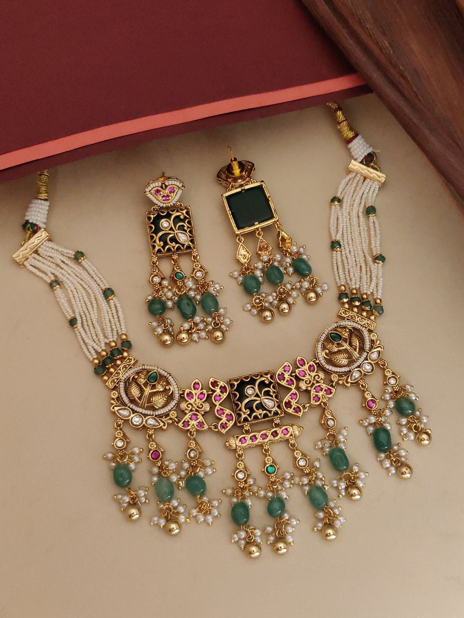 Abdesigns Jewellery Traditional Necklace Set with Earrings featuring green beads and intricate gold detailing