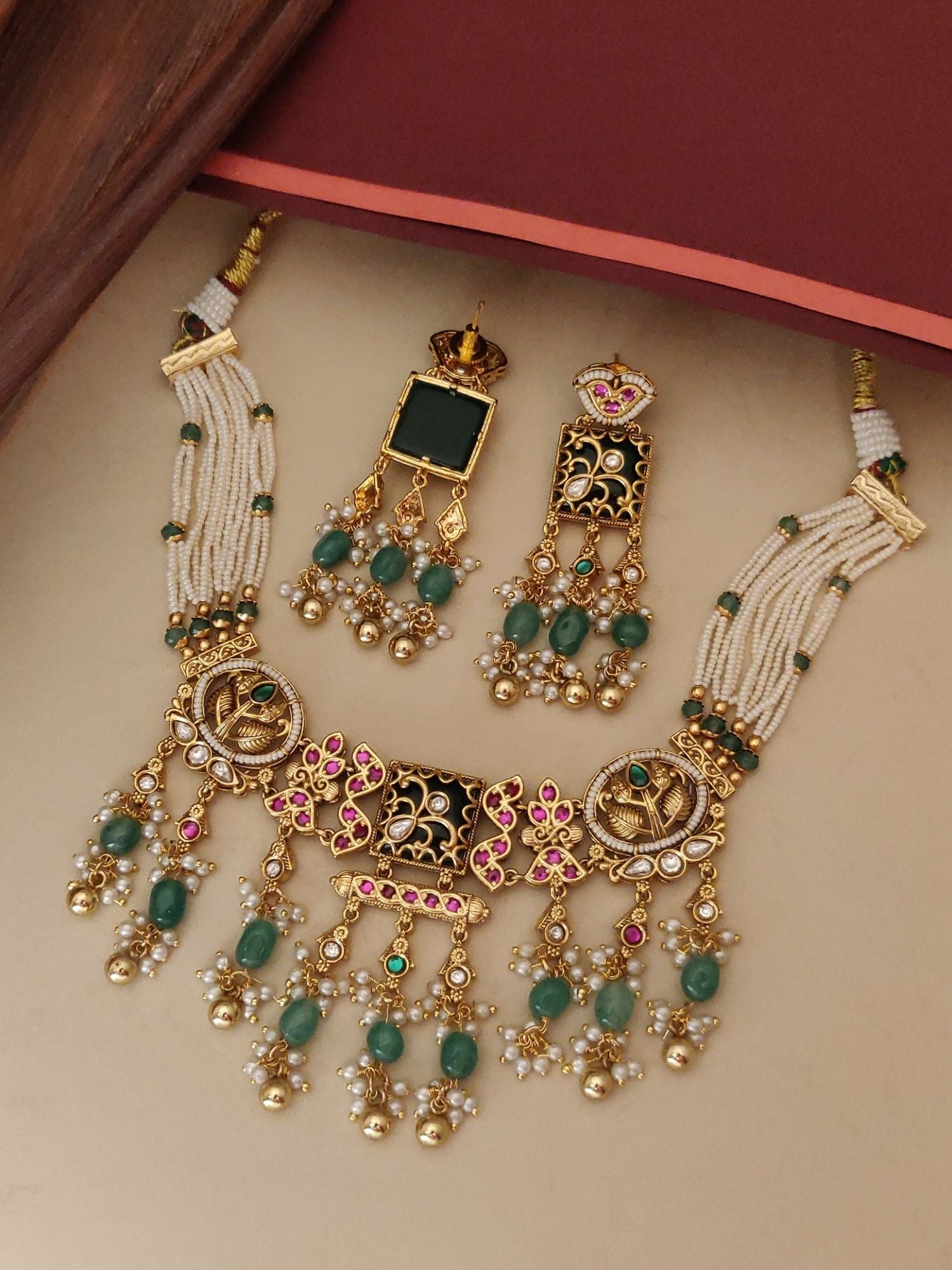 Abdesigns Jewellery Traditional Necklace Set with Earrings featuring green beads and gold detailing