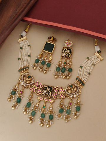 Abdesigns Jewellery Traditional Necklace Set with Earrings featuring green beads and gold detailing