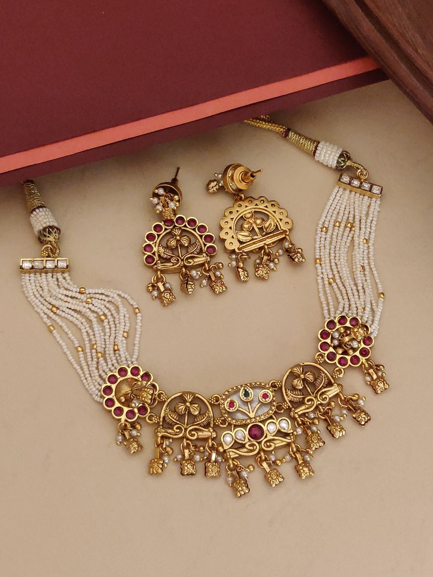 Abdesigns Jewellery Traditional Pearl Gold Necklace Set with intricate design and matching earrings