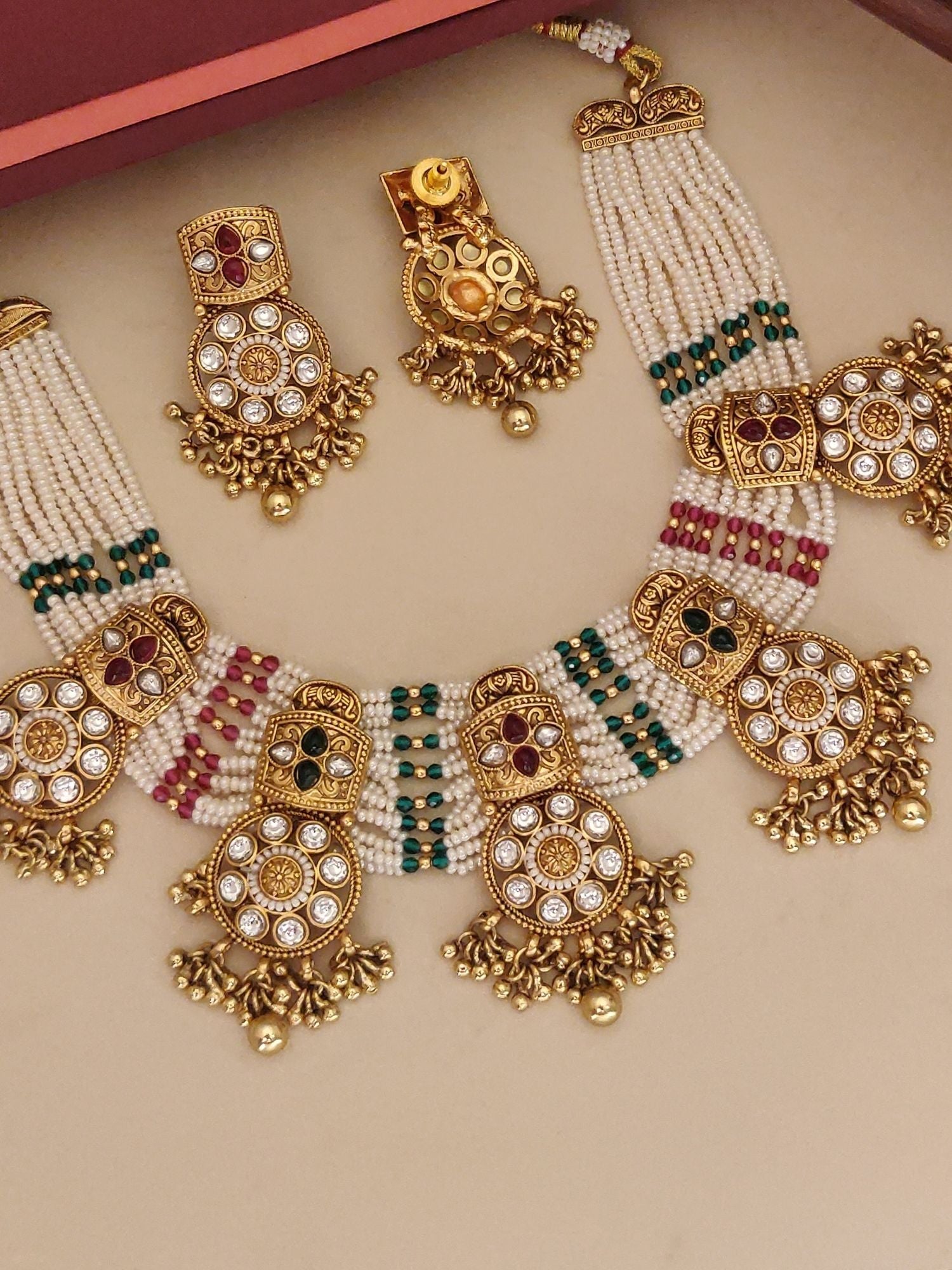 Abdesigns Jewellery Traditional Pearl Kundan Necklace Set with intricate gold detailing and multicolored stones