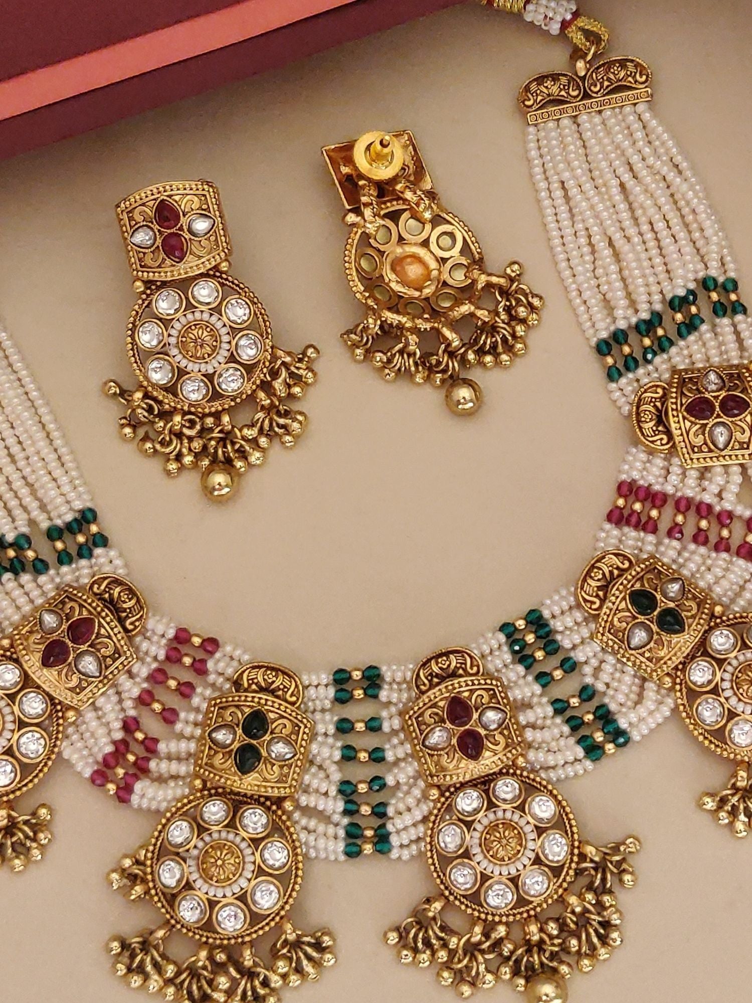 Abdesigns Jewellery Traditional Pearl Kundan Necklace Set with gold tone and multi-colored stones