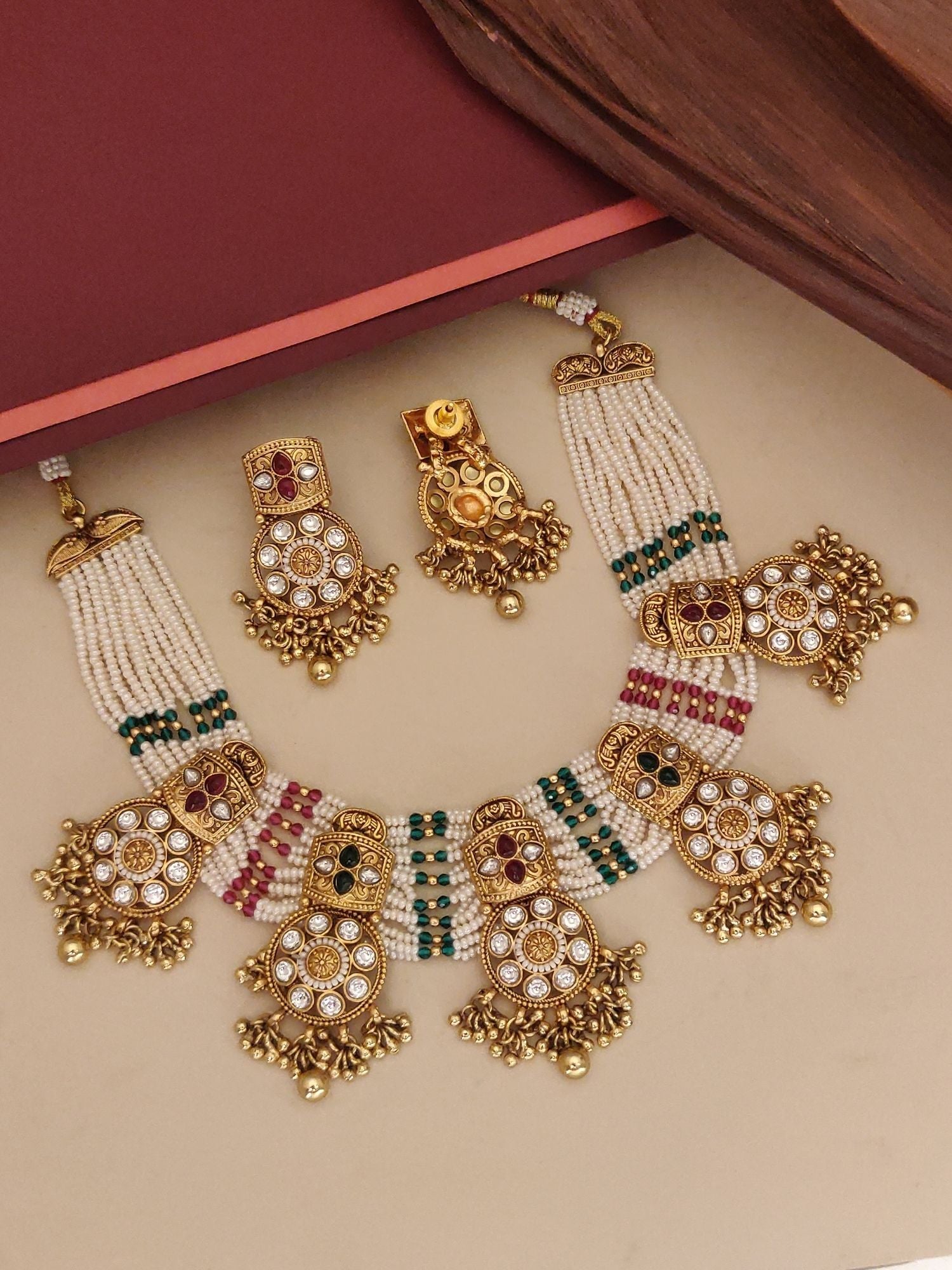 Abdesigns Jewellery Traditional Pearl Kundan Necklace Set with gold accents and multicolored stones