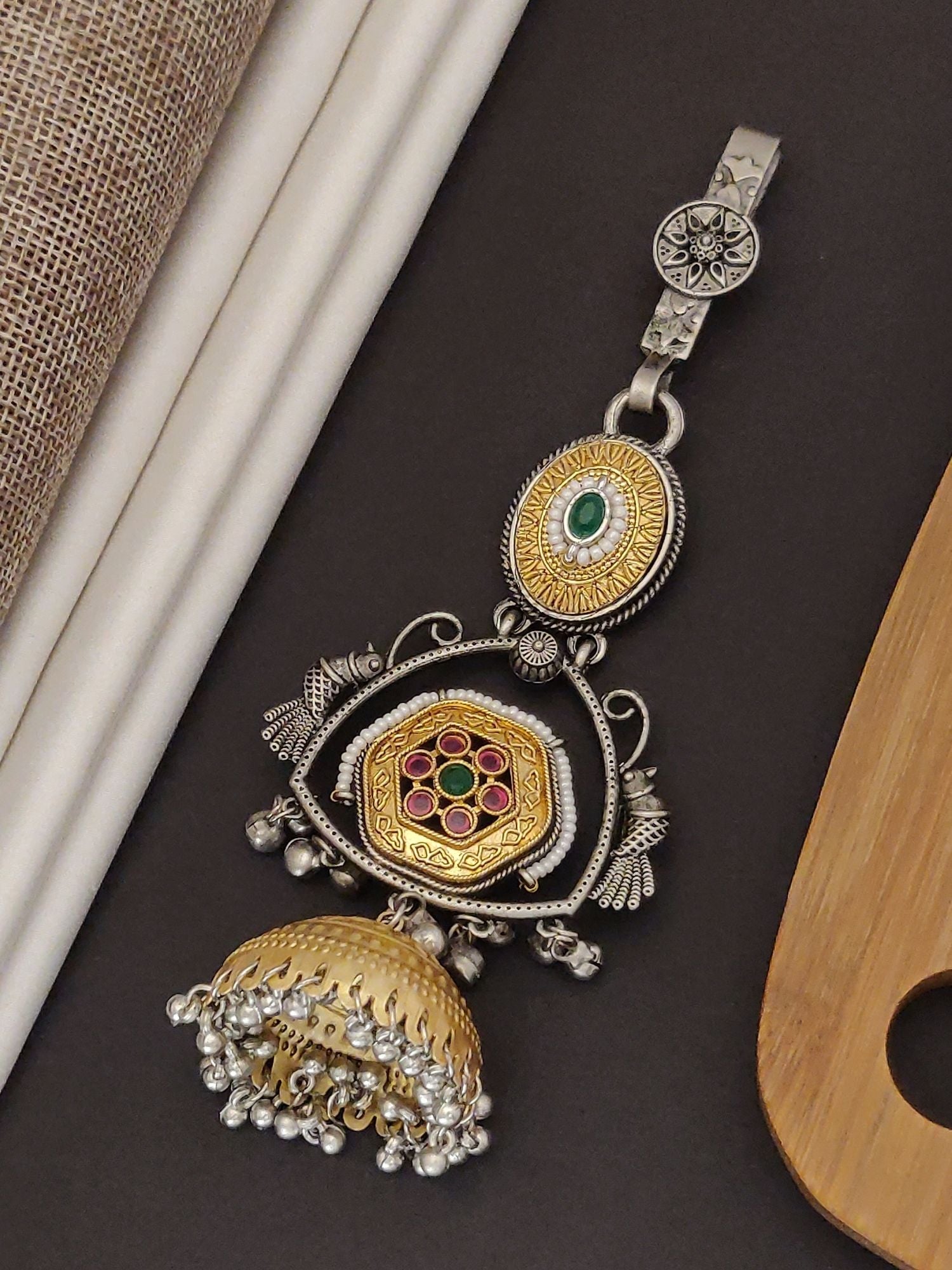 Abdesigns Jewellery Wedding Special Dual Tone Saree Juda Pin with intricate gold and silver details and green and pink stones