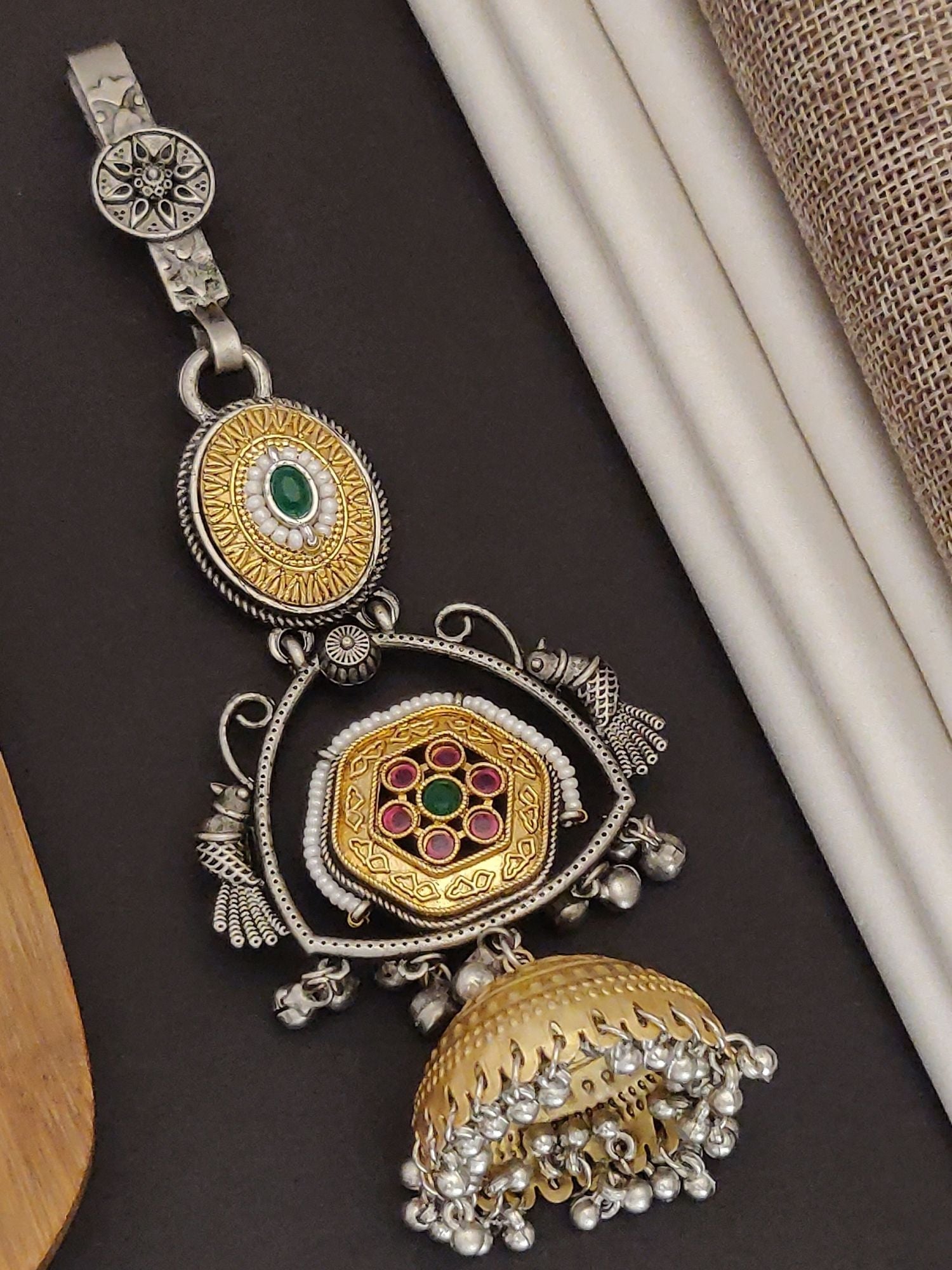 Abdesigns Jewellery Wedding Special Dual Tone Saree Juda Pin with intricate gold and silver design and colorful stones