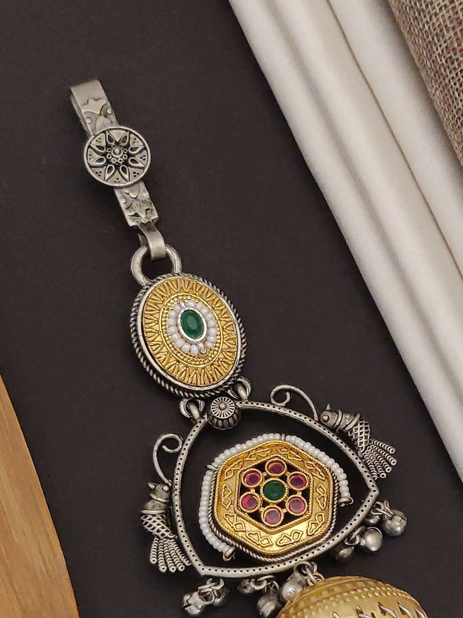 Abdesigns Jewellery Wedding Special Dual Tone Saree Juda Pin with intricate gold and silver details and colorful stones