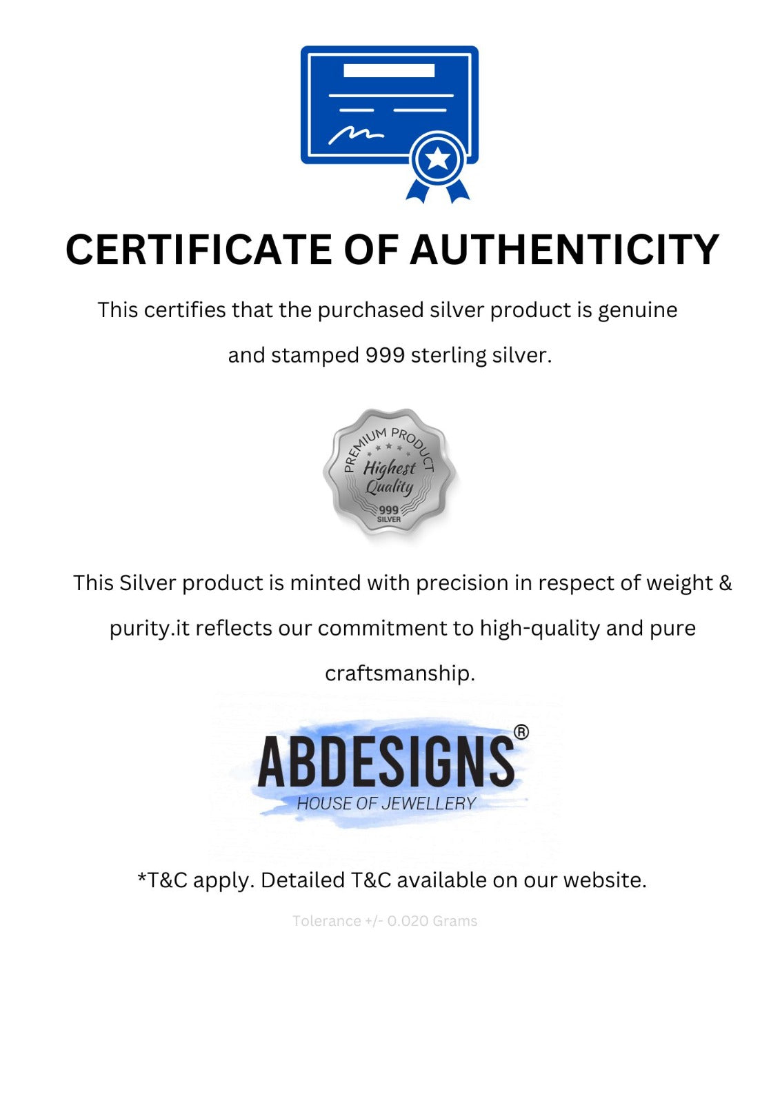 Certificate of authenticity for King George sterling silver coin pendant by Abdesignsjewellery stamped 999 sterling silver