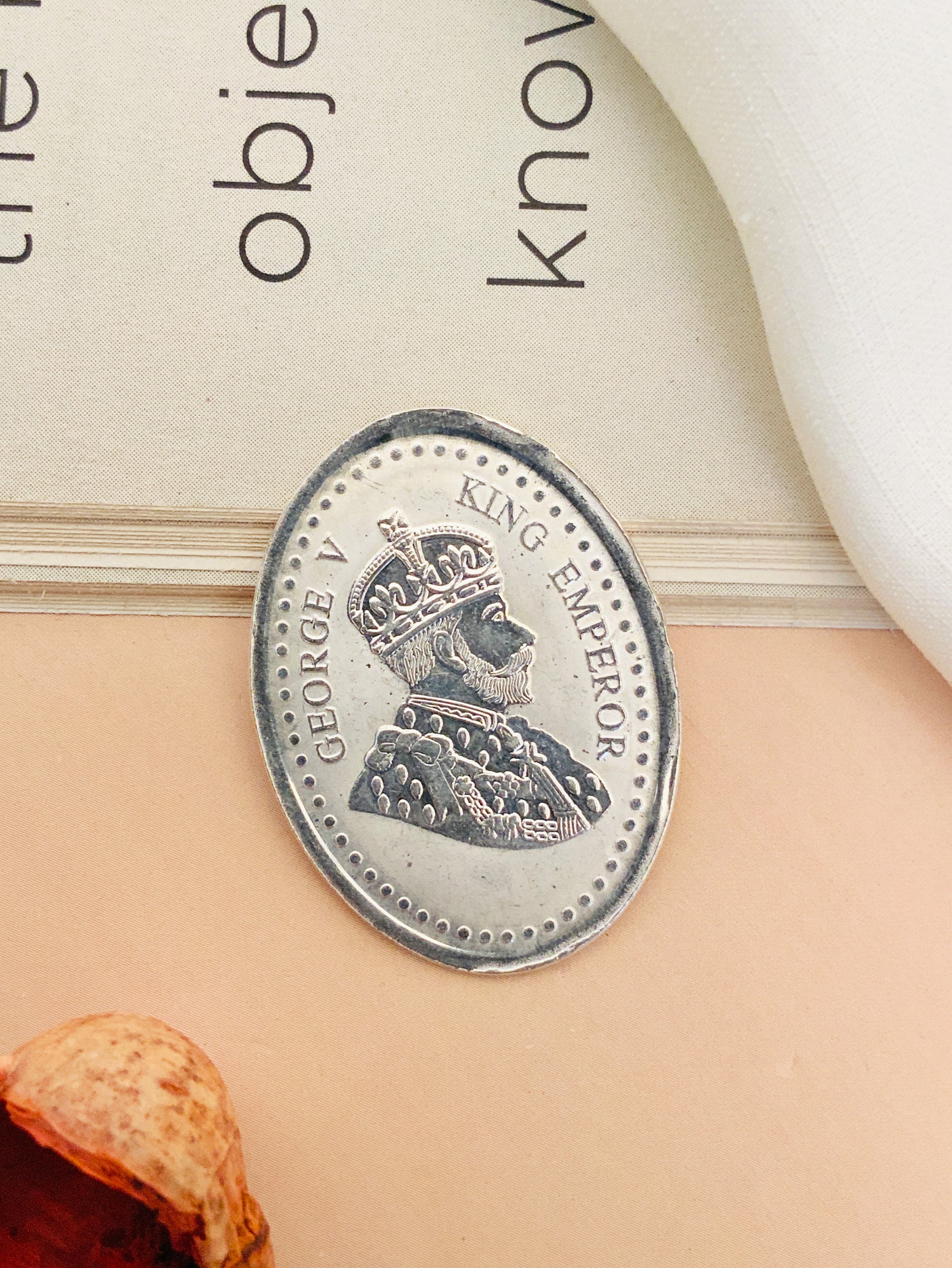 King George sterling silver coin pendant oval vintage style portrait of King George V on textured background