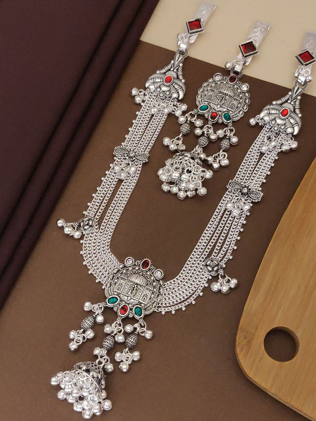 Long Juda Pin Combo Set oxidized silver three piece hair jewelry with red and green stones and jhumka bells