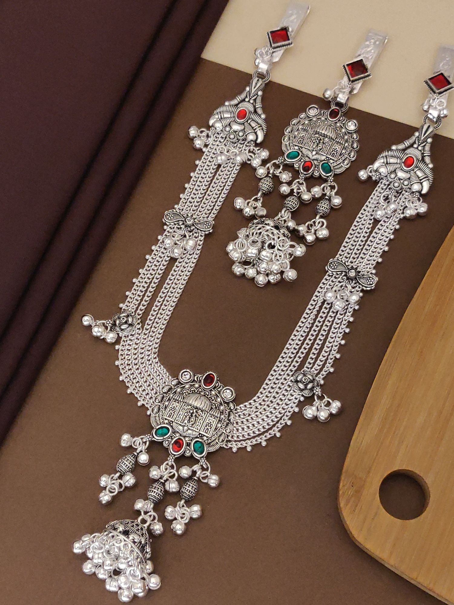 Long Juda Pin Combo Set antique silver oxidized necklace with red and green stones and dangling jhumka charms