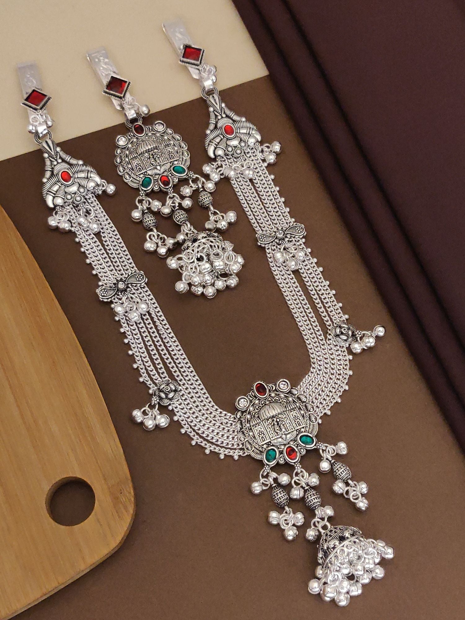 Long Juda Pin Combo Set oxidized silver three piece hair jewelry with red and green stones and jhumka bells
