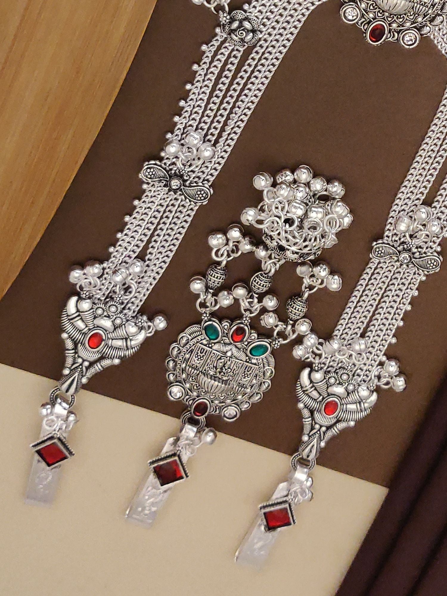 Long Juda Pin Combo Set featuring three oxidized silver Juda pins with red and green stones and chains