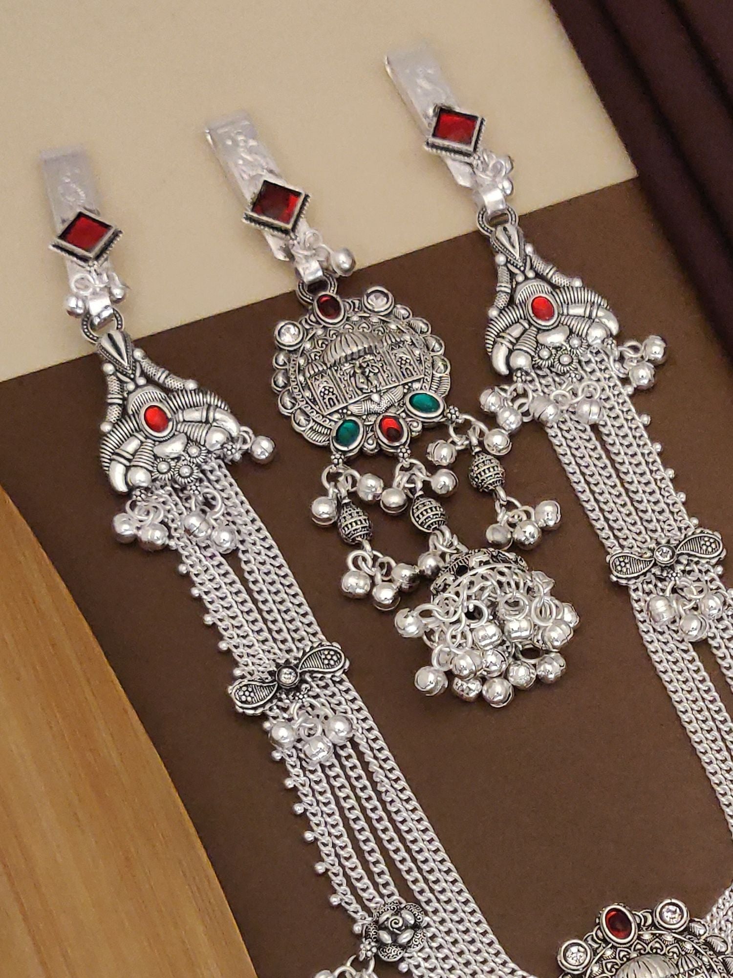 Silver filigree hair accessory set with red and green stones and hanging chains Long Juda Pin Combo Set for bridal hairstyles