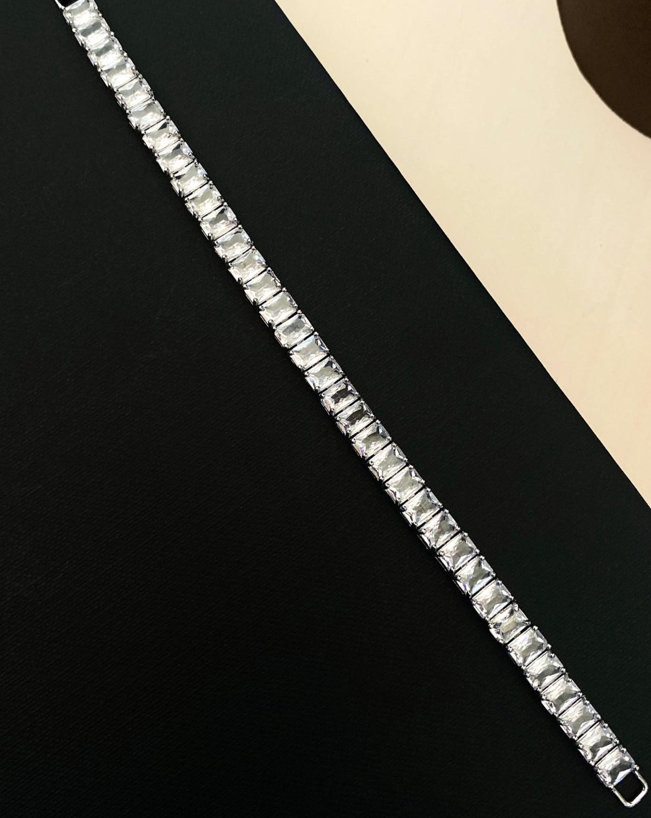 Abdesignsjewellery luxurious high quality silver cz bracelet with rectangular stones on black background
