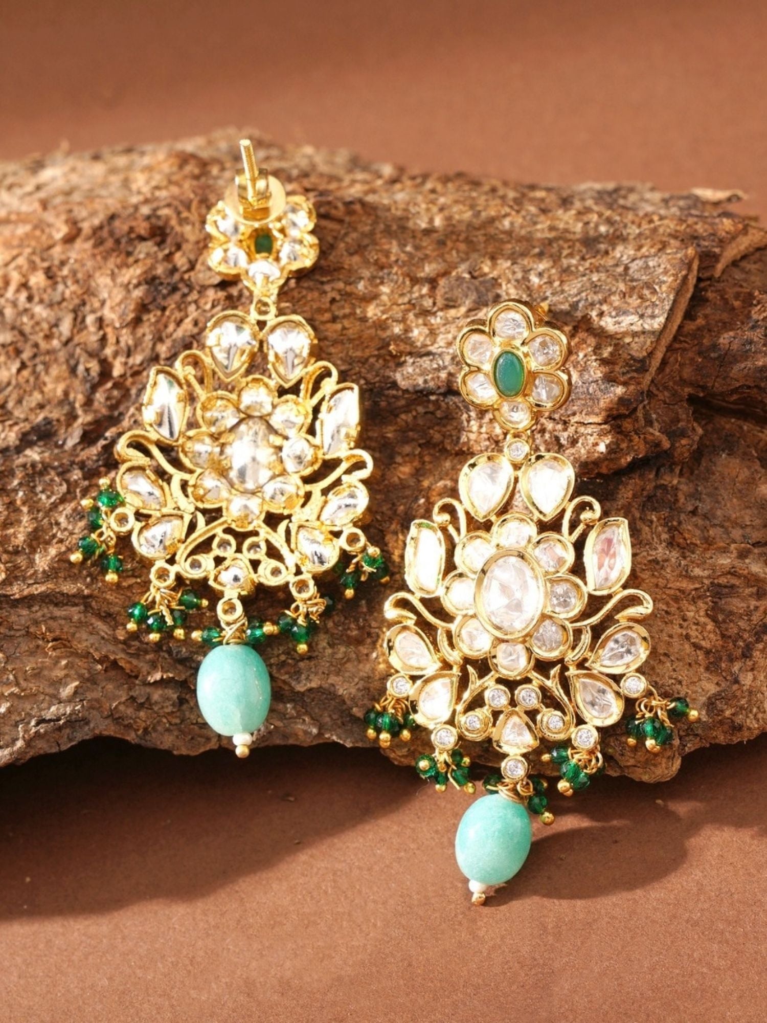 Majestic Gold Plated Kundan Polki Earrings by Abdesignsjewellery with intricate floral design and green bead accents
