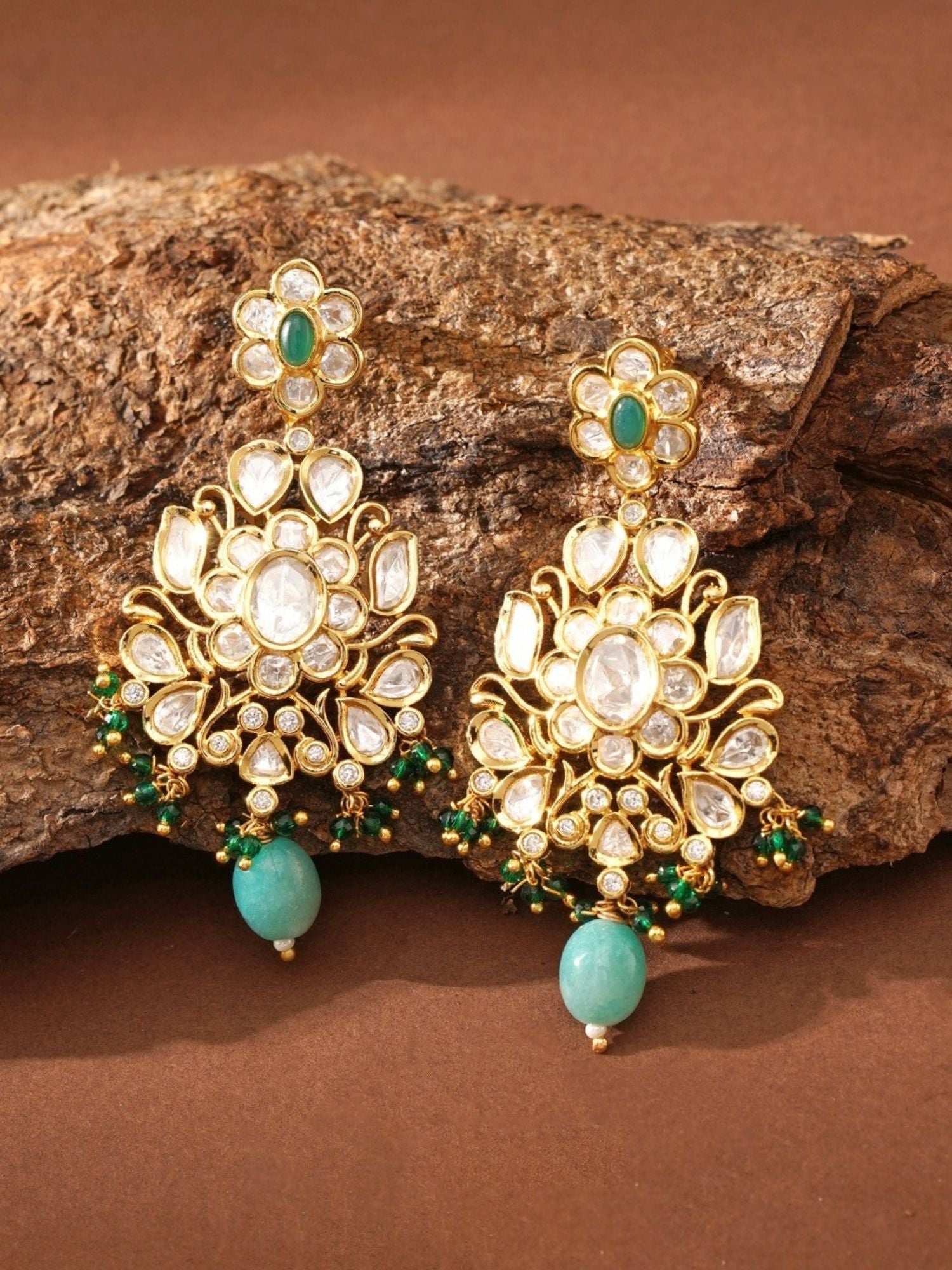Majestic Gold Plated Kundan Polki Earrings with green beads and intricate floral design by Abdesignsjewellery