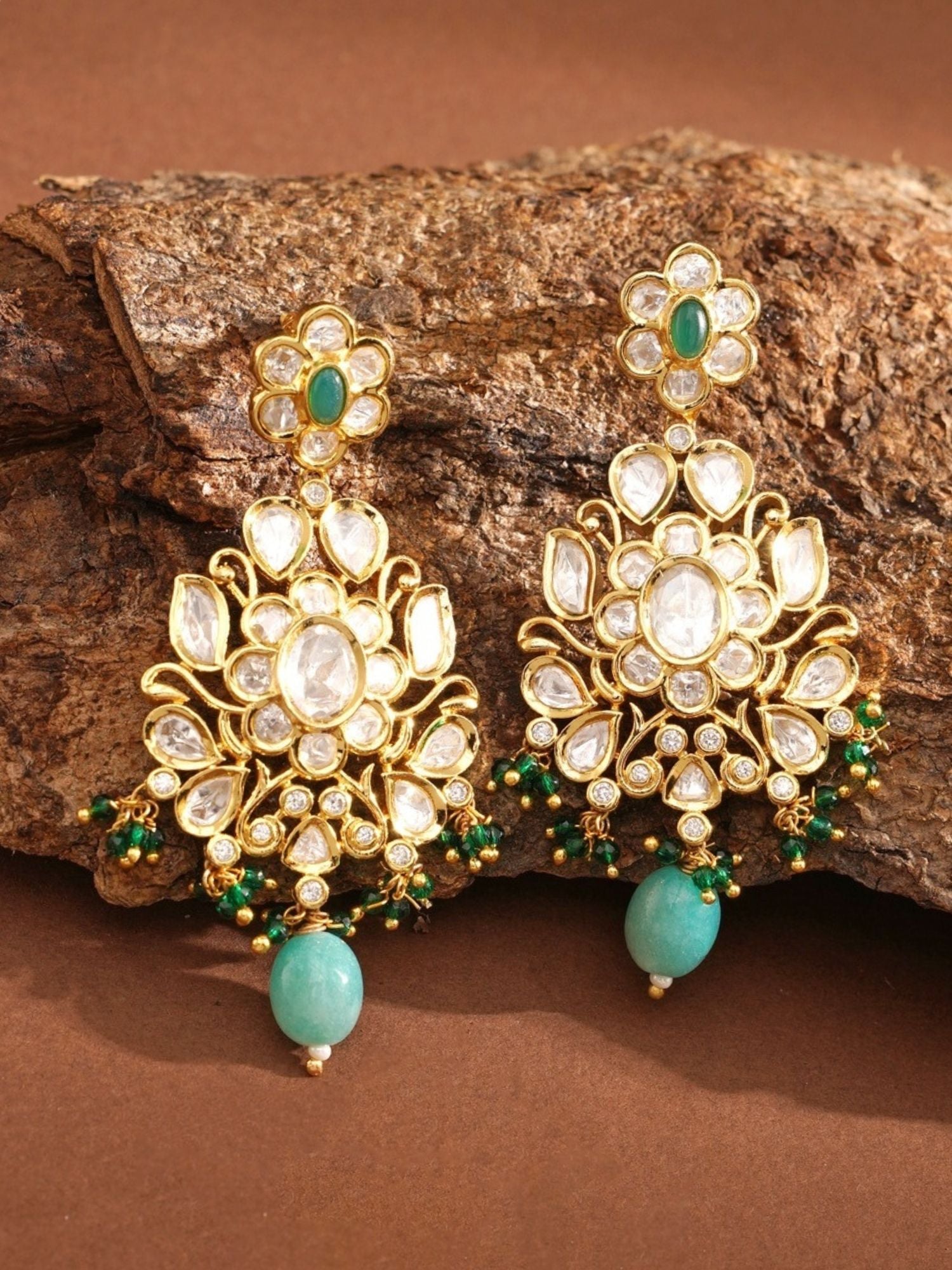 Majestic Gold Plated Kundan Polki Earrings with green and white stones by Abdesignsjewellery