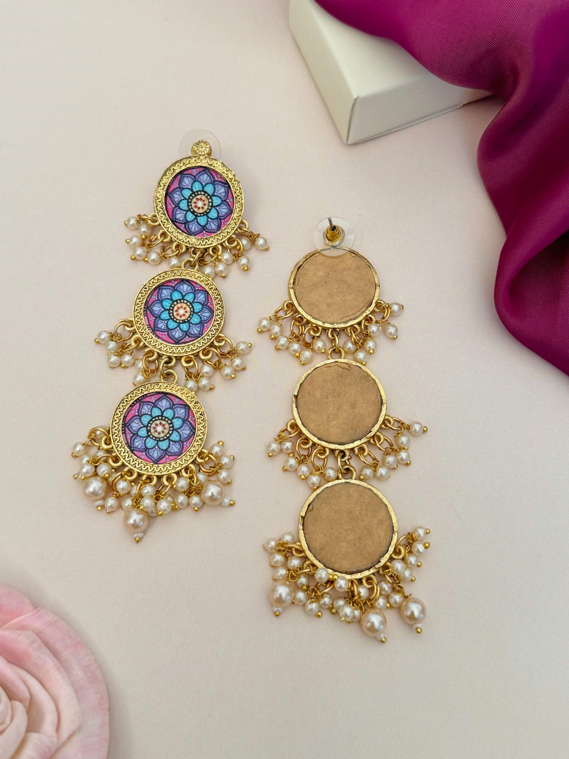 Abdesignsjewellery Mandala Flower Style Long Earring with colorful floral design and pearl accents in gold tone