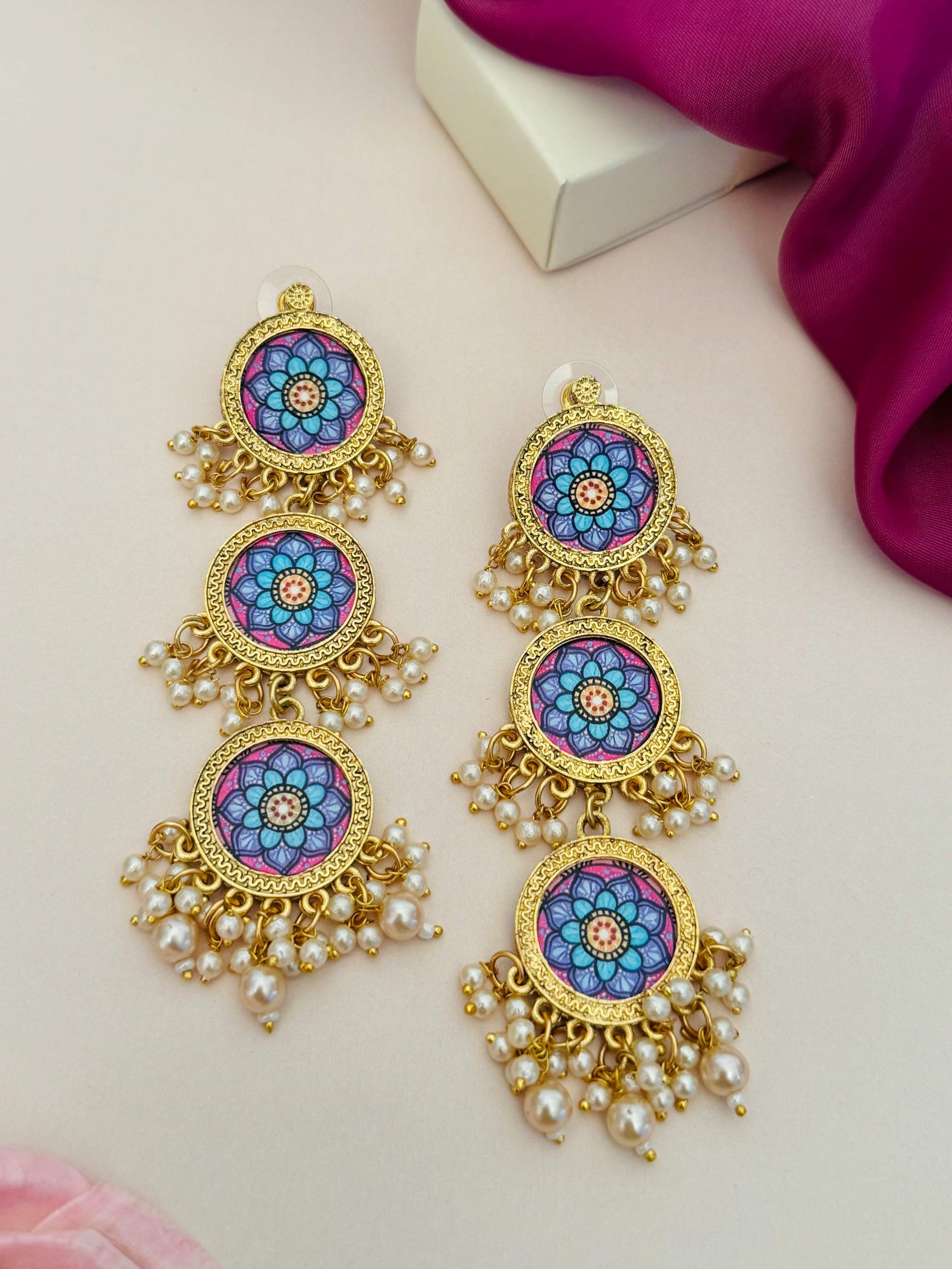 Abdesignsjewellery Mandala Flower Style Long Earring with blue floral design and pearl accents in gold setting