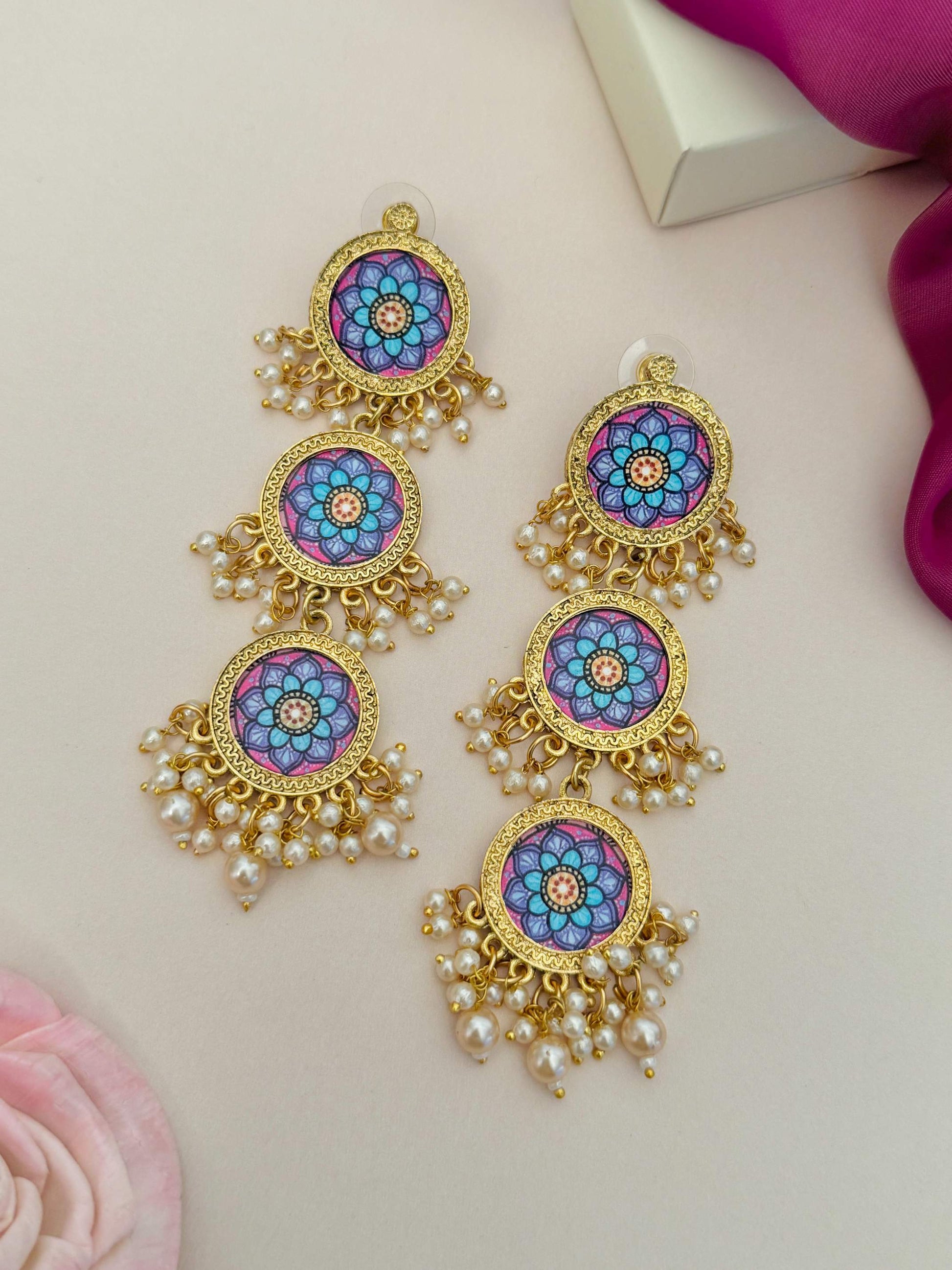 Mandala Flower Style Long Earring by Abdesignsjewellery featuring colorful floral patterns with gold detailing and pearl accents