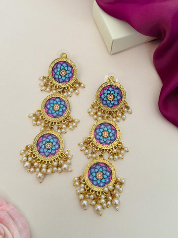 Abdesignsjewellery Mandala Flower Style Long Earring with blue and purple floral design and pearl accents