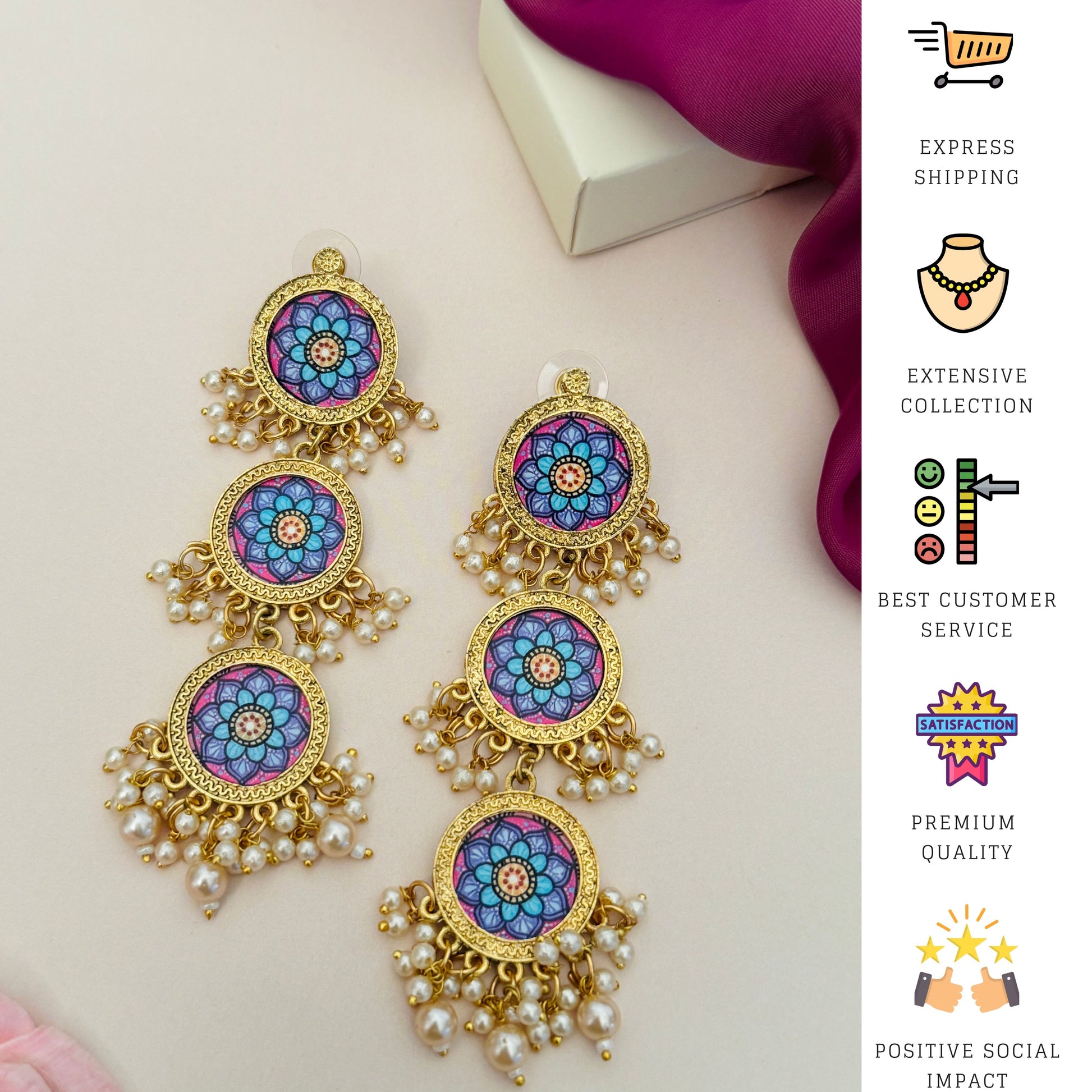 Abdesignsjewellery Mandala Flower Style Long Earring with gold tone and pearl accents