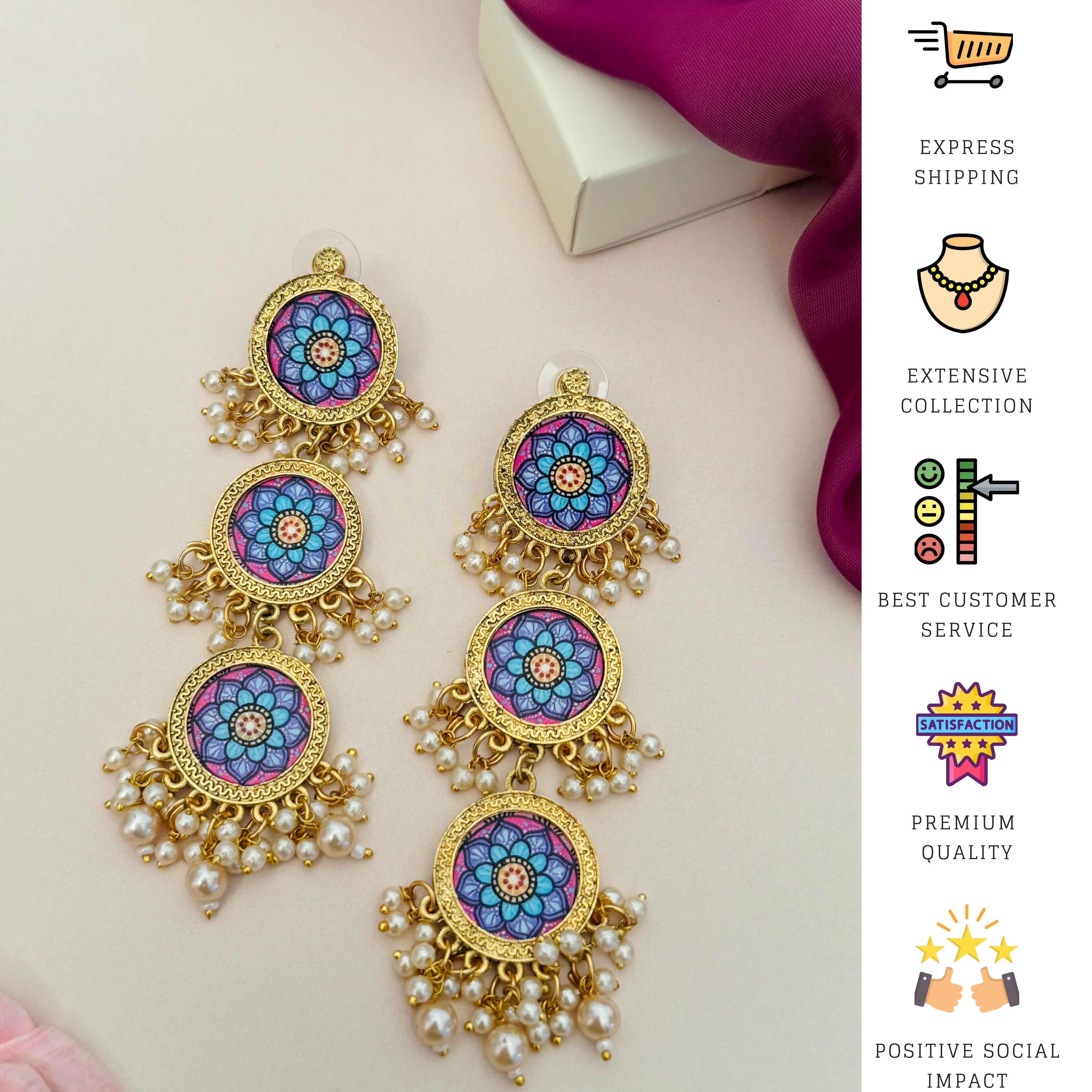 Abdesignsjewellery Mandala Flower Style Long Earring with gold tone and pearl accents