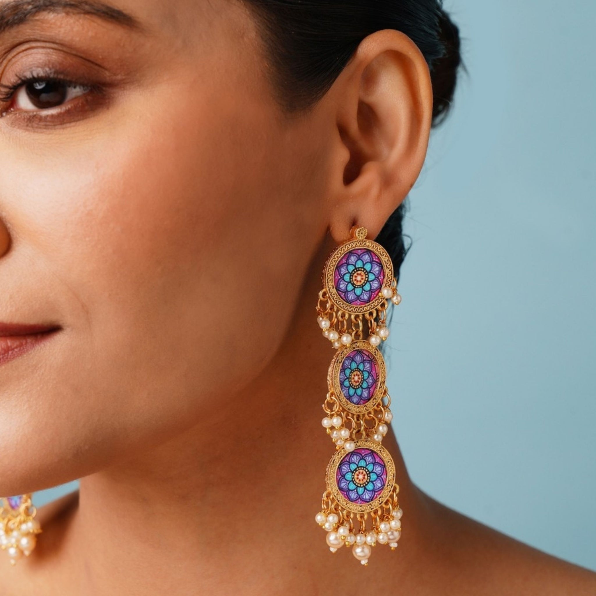 Abdesignsjewellery Mandala Flower Style Long Earring with colorful circular patterns and pearl accents