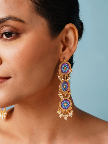 Abdesignsjewellery Mandala Flower Style Long Earring with colorful circular patterns and pearl accents