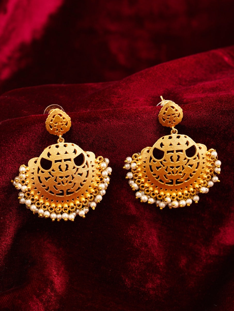 Matt Gold Plated Baroque Pearl Earrings with intricate design and pearl accents by Abdesignsjewellery