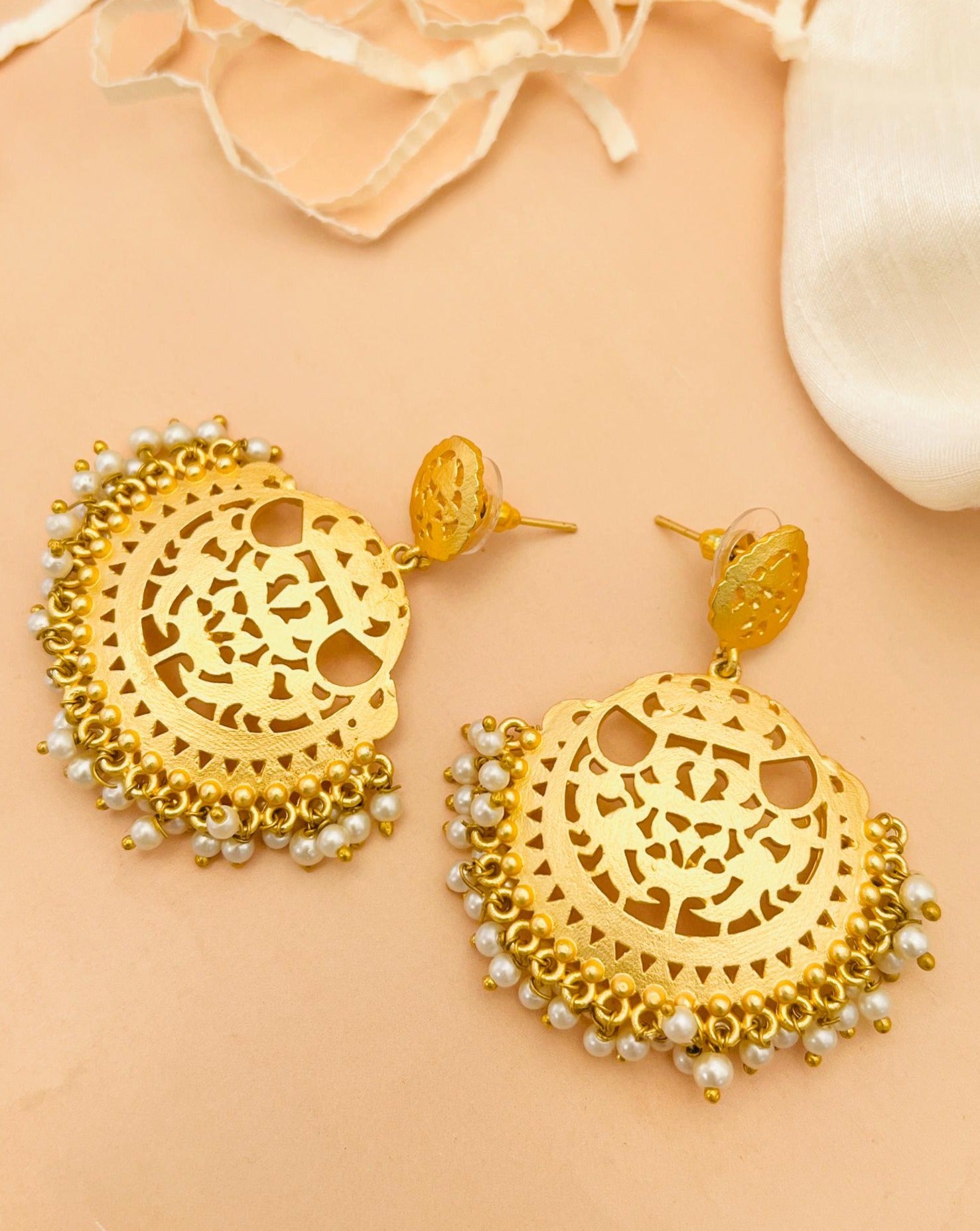 Matt Gold Plated Baroque Pearl Earrings with intricate cut-out design and pearl accents by Abdesignsjewellery