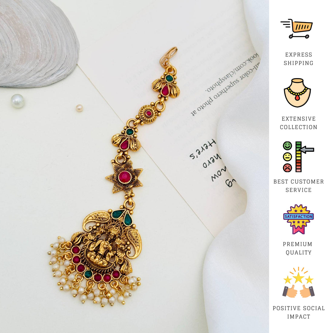 Matt Gold Plated Goddess Laxmi SouthIndian Maangtikka worn on forehead with intricate design and colored stones