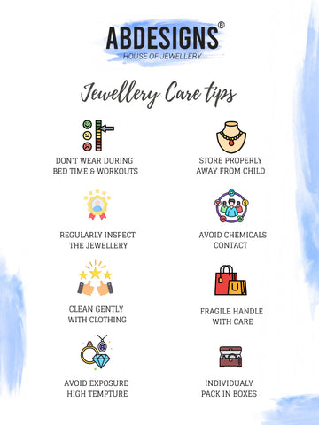 Abdesignsjewellery jewellery care tips poster with icons and instructions for matt gold plated jhumka earrings