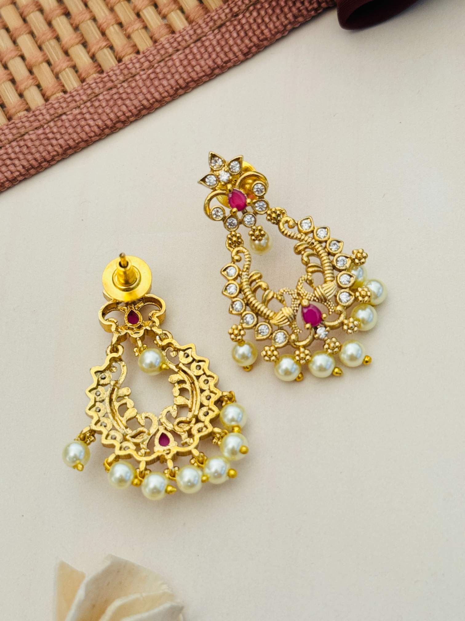 Matt Gold Plated Temple Necklace Set earrings with intricate design featuring pearls and red stones