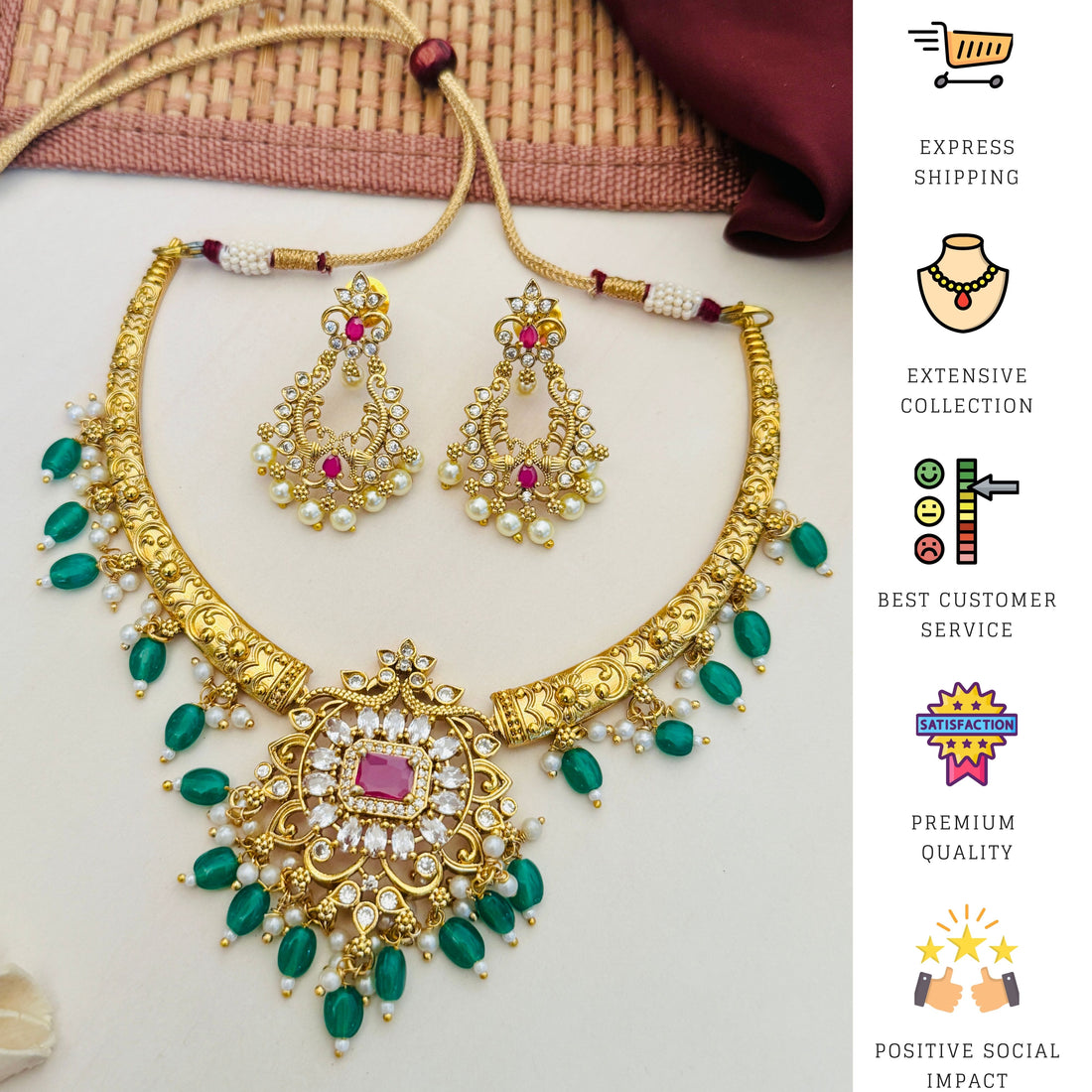 Matt Gold Plated Temple Necklace Set with green beads and matching earrings on woman