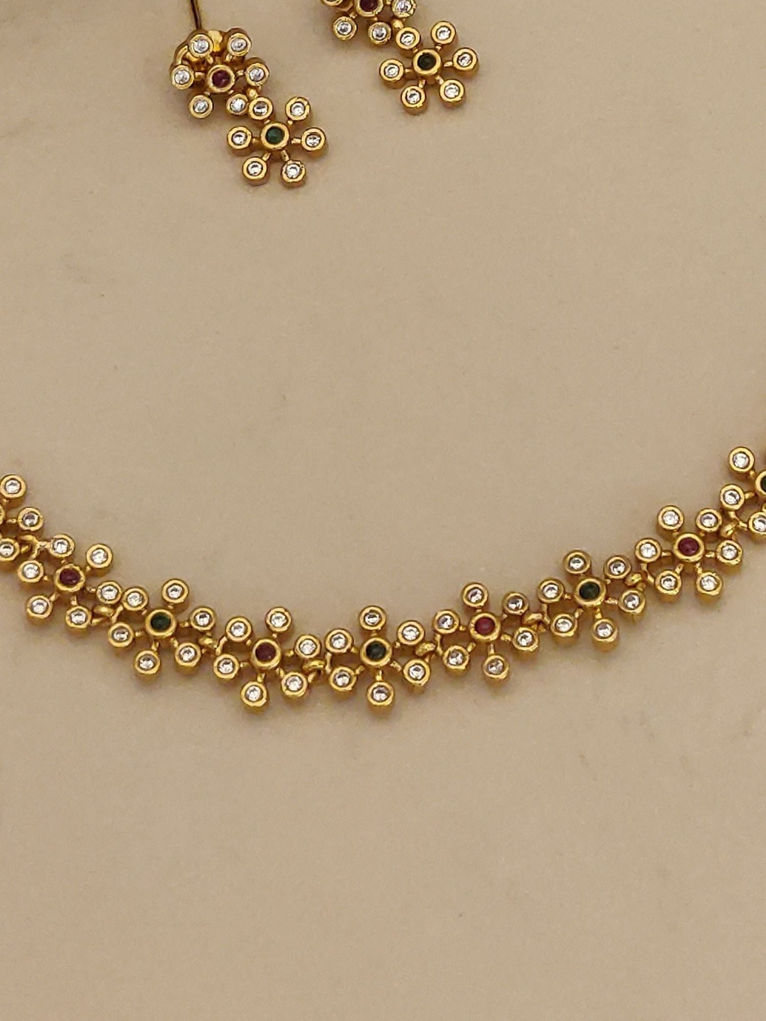 minimal Floral gold plated necklace set dainty floral clusters with multicolor stones and matching earrings