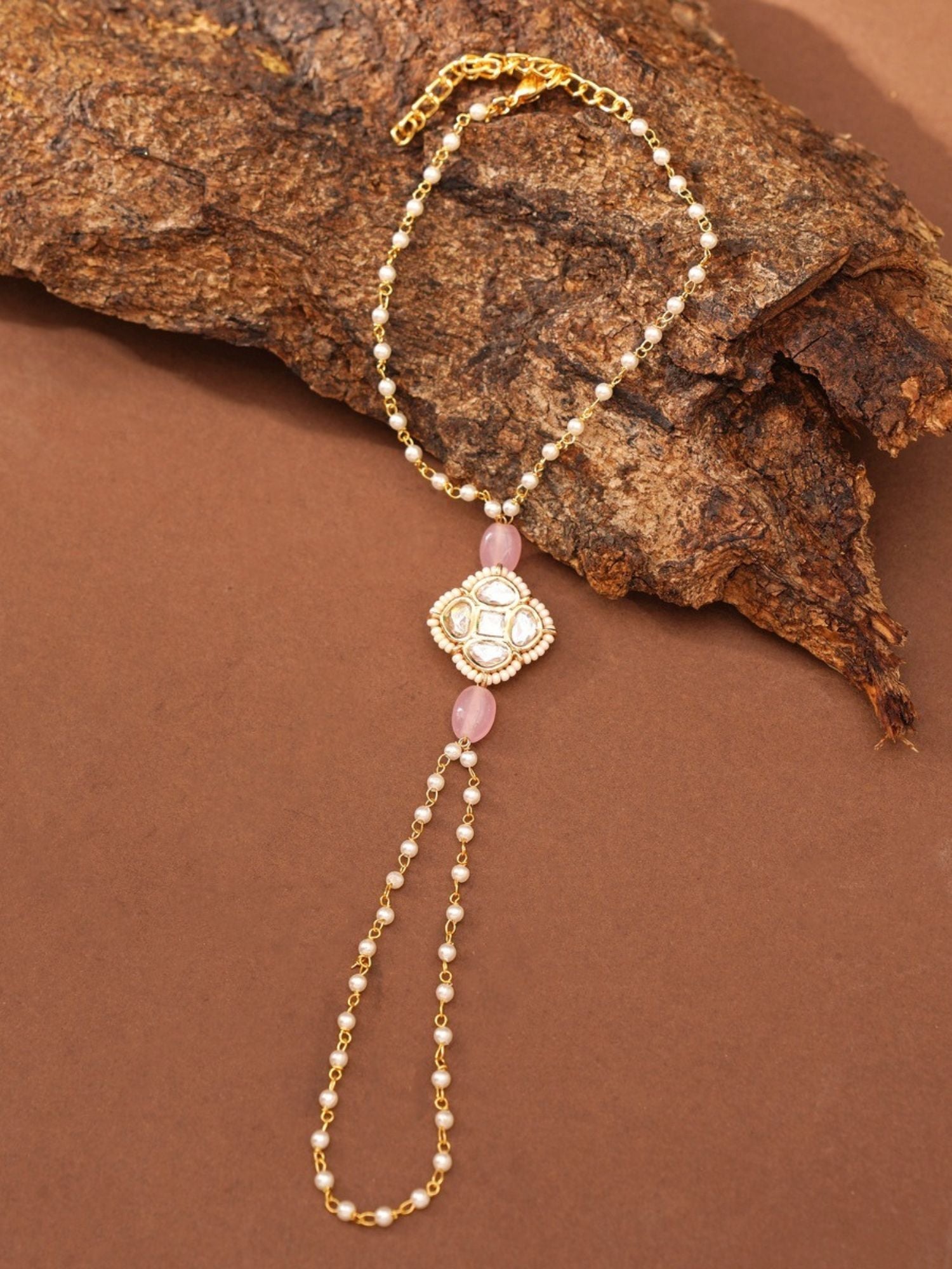 Abdesignsjewellery minimal gold plated hand pocha bracelet with tiny pearls pink beads floral medallion and adjustable chain