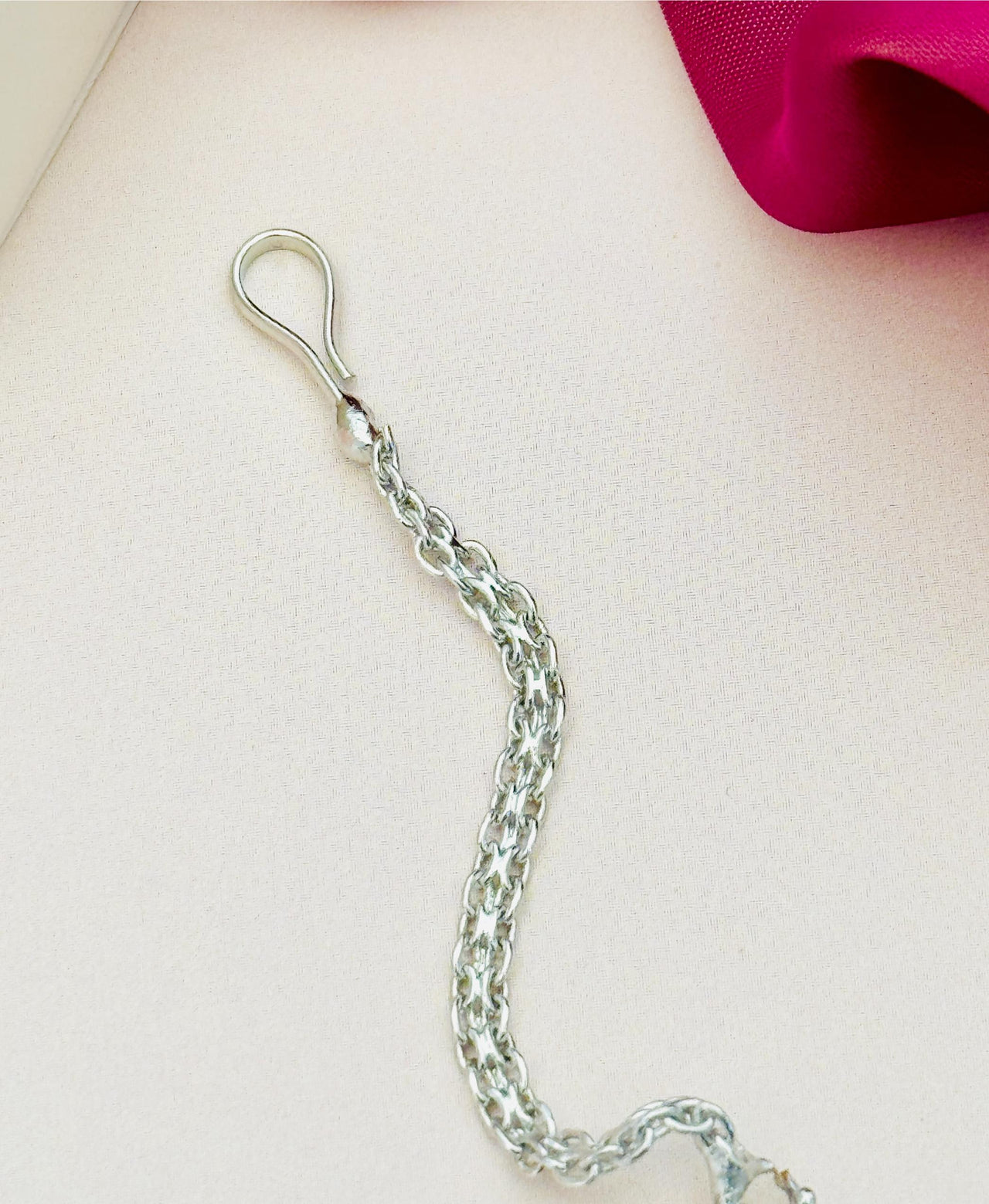 Minimalist Silver Plated American Diamond Maangtikka chain with hook clasp on white background
